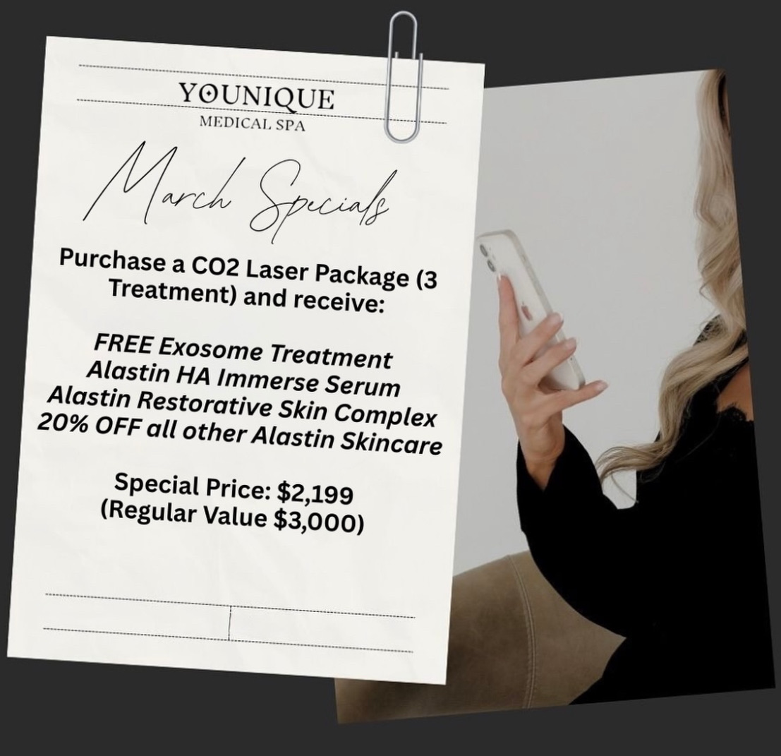 Younique Medical Spa Facebook ad: Purchase 3 treatment CO2 Laser package and receive…