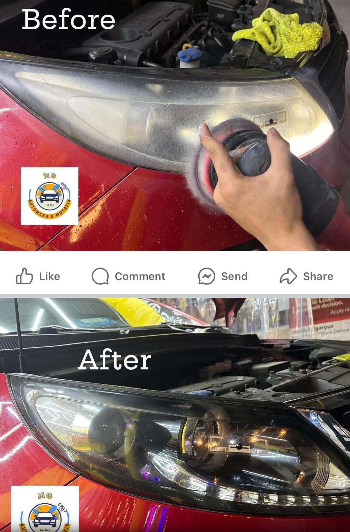 MG AUTO SPA Facebook ad: HEADLIGHT RESTORATION, As Low as ₱250!