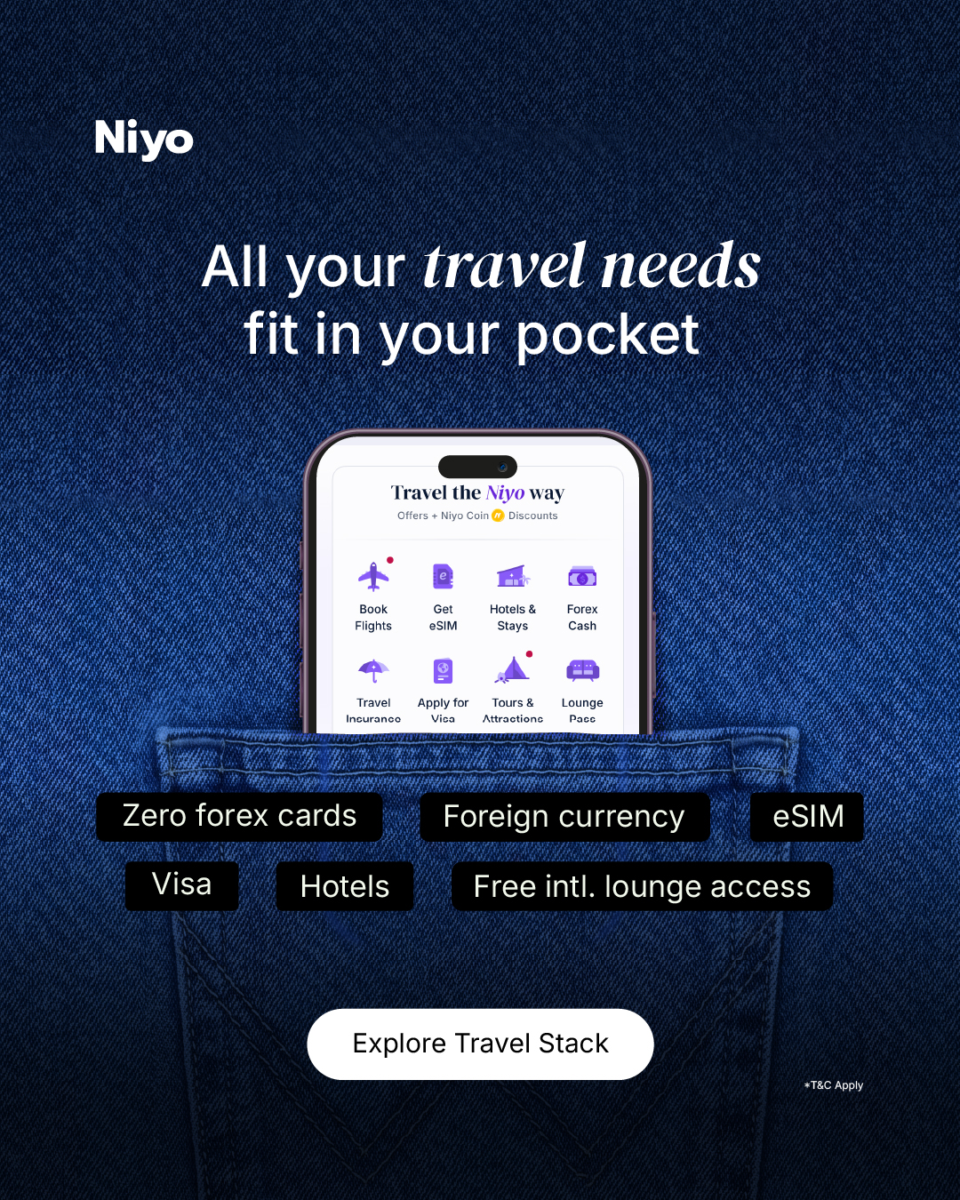 Niyo Facebook ad: Free Lounge Access. Zero Fees. Niyo.