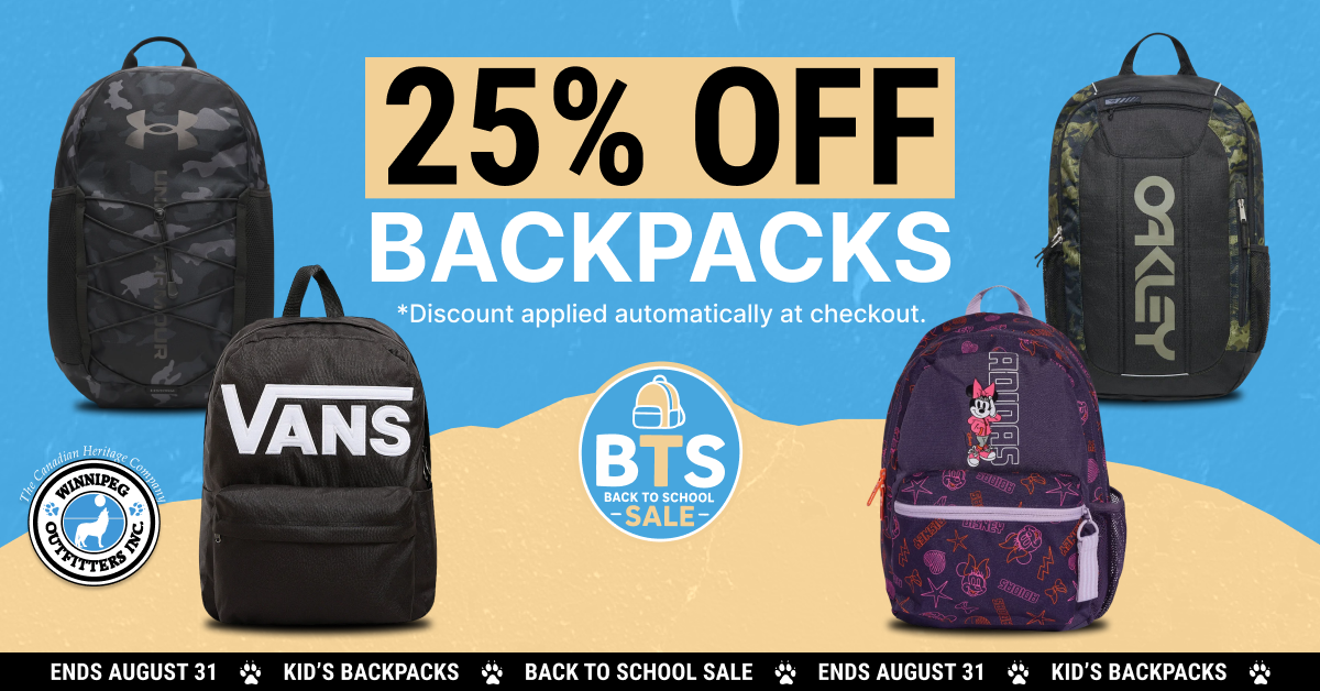Winnipeg Outfitters Inc. Facebook ad: 25% OFF Quality Backpacks