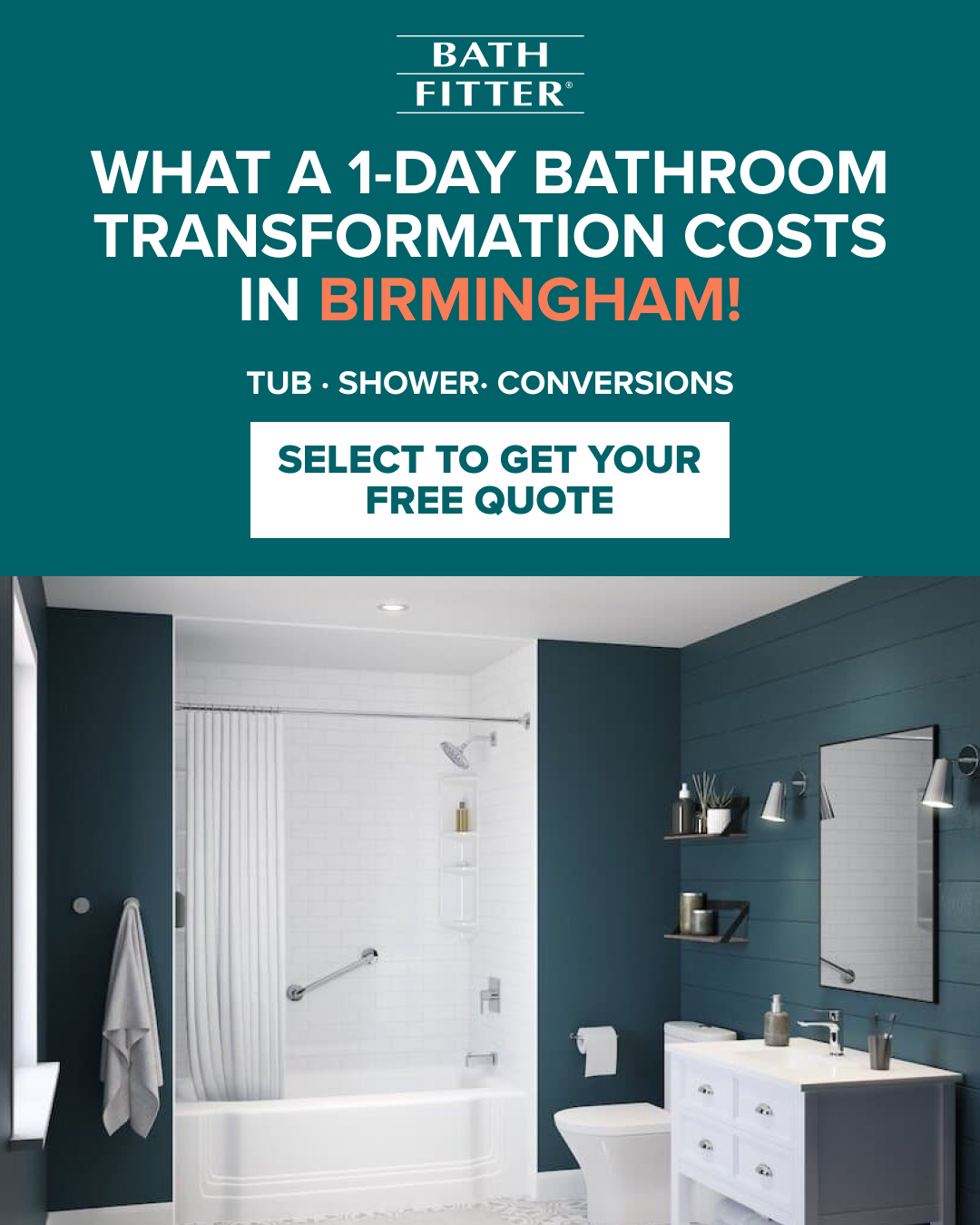 Bath Fitter Facebook ad: BIRMINGHAM HOMEOWNERS: 1-Day Tub & Shower Remodels