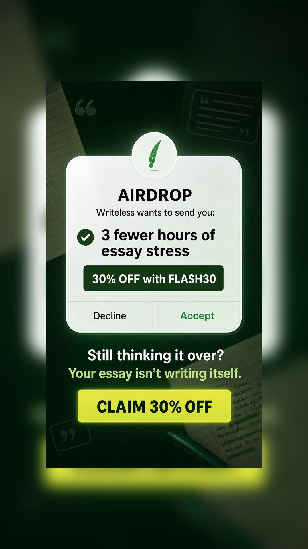 Writeless AI Facebook ad: 30% Off Writeless AI Today