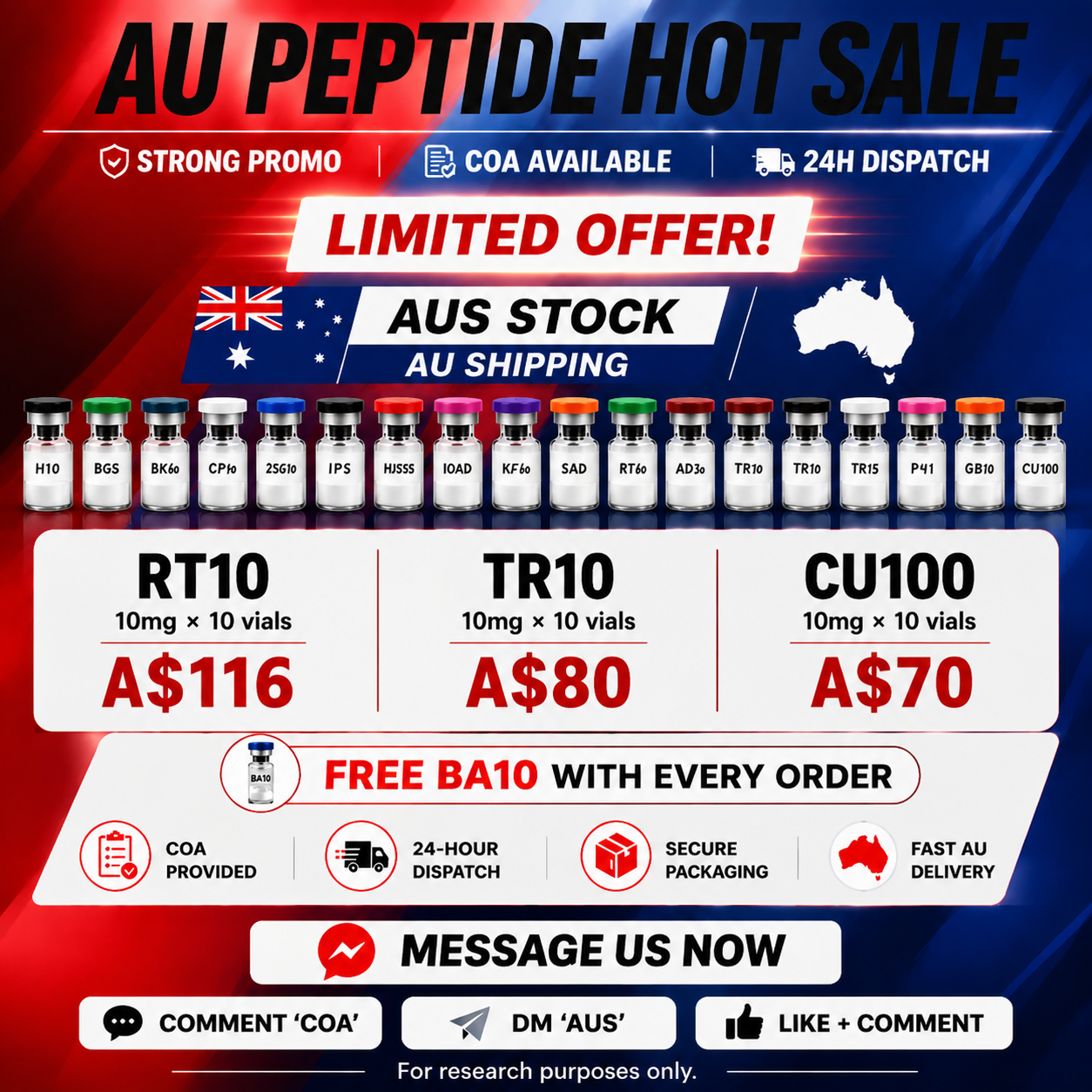 AU Peptide Research Supply Facebook ad: AU STOCK • LIMITED OFFER