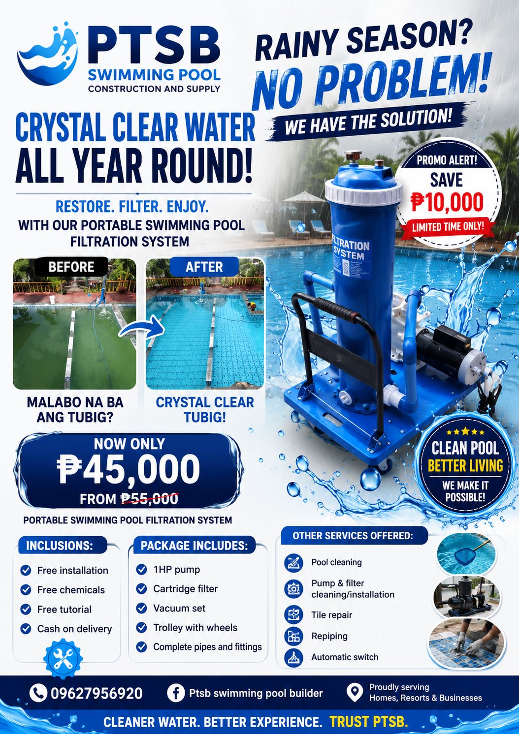 PTSB Swimming pool construction and supply Facebook ad: PAGOD KA NA BA SA PAULIT-ULIT NA PAGLILINIS…