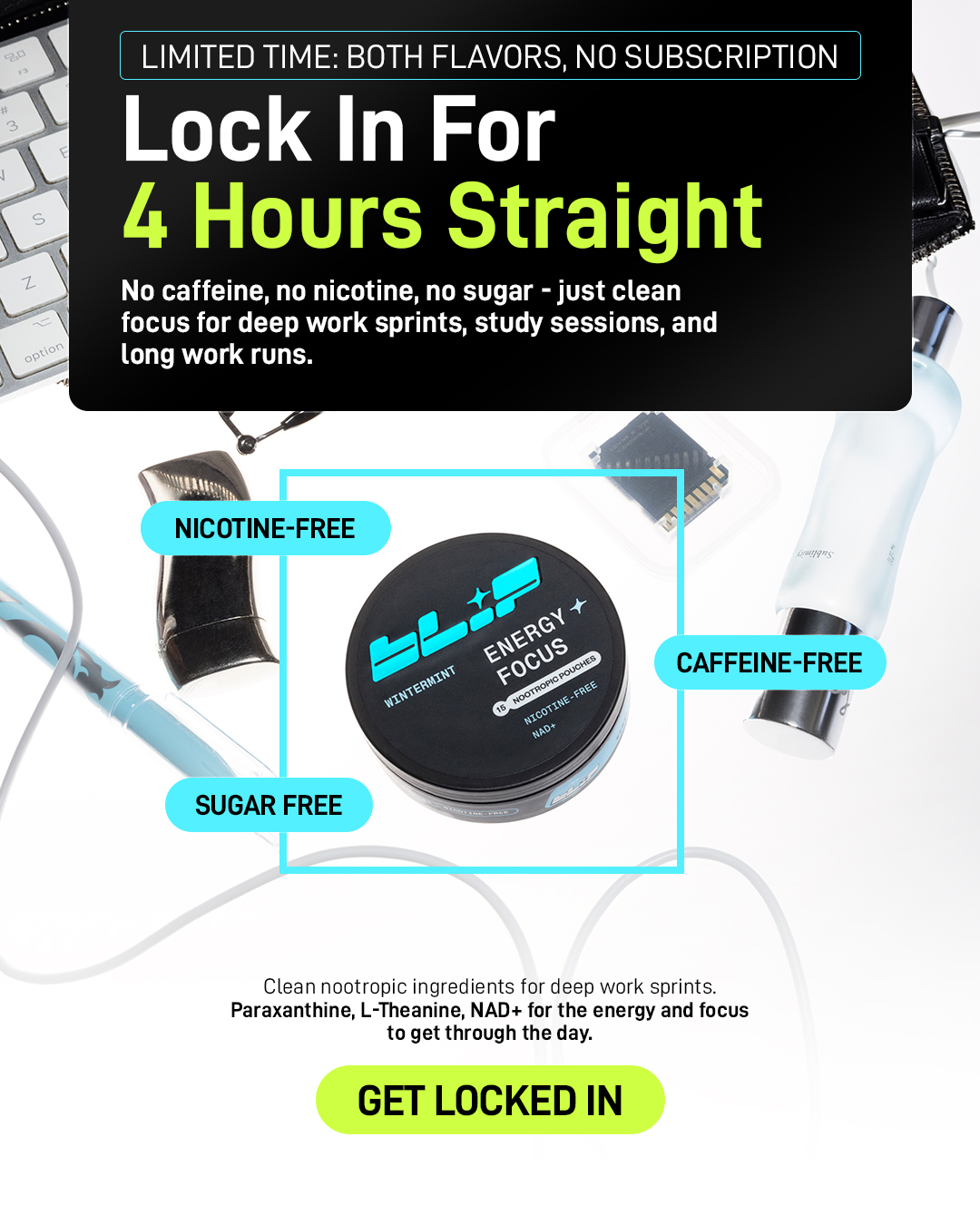 BLIP WORLD Facebook ad: Focus up, jitters out, zero caffeine