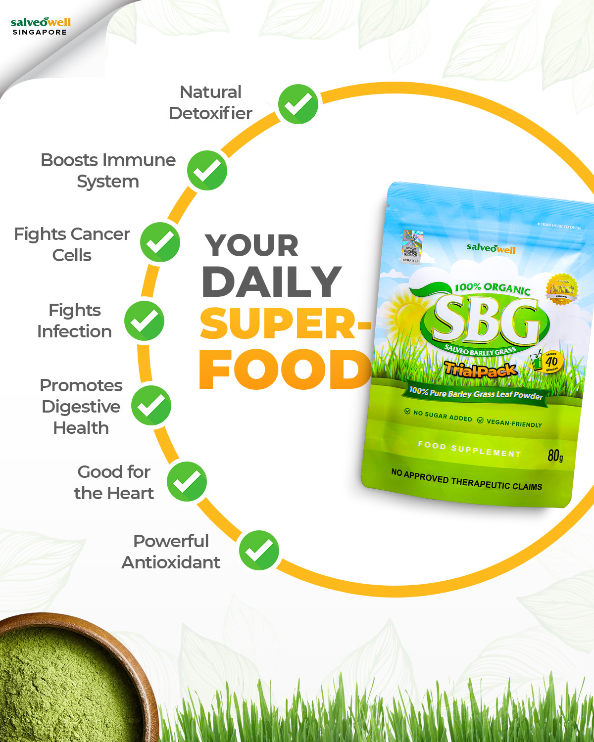 Salveo Organic Barley Grass - Singapore Facebook ad: 𝗝𝘂𝘀𝘁 𝗔 𝗦𝗖𝗢𝗢𝗣 𝘆𝗼𝘂 𝗴𝗲𝘁 𝗔 𝗦𝗨𝗣𝗘𝗥𝗙𝗢𝗢𝗗