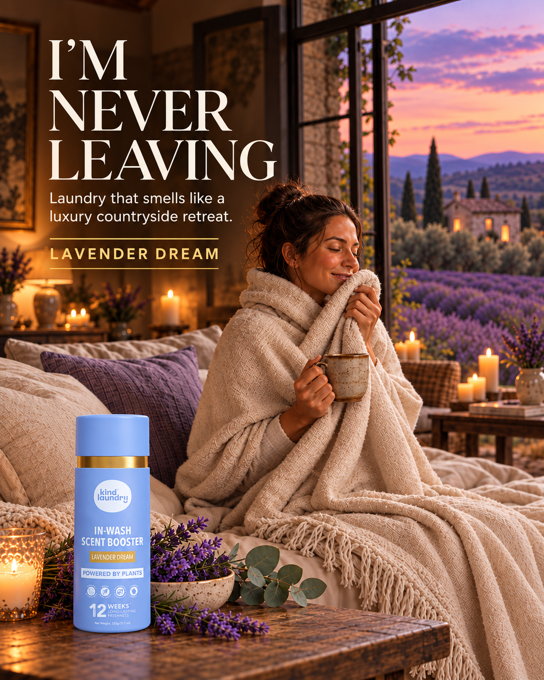 Kind Laundry Facebook ad: Lavender. Eucalyptus. Amber. The Countryside You Carry…