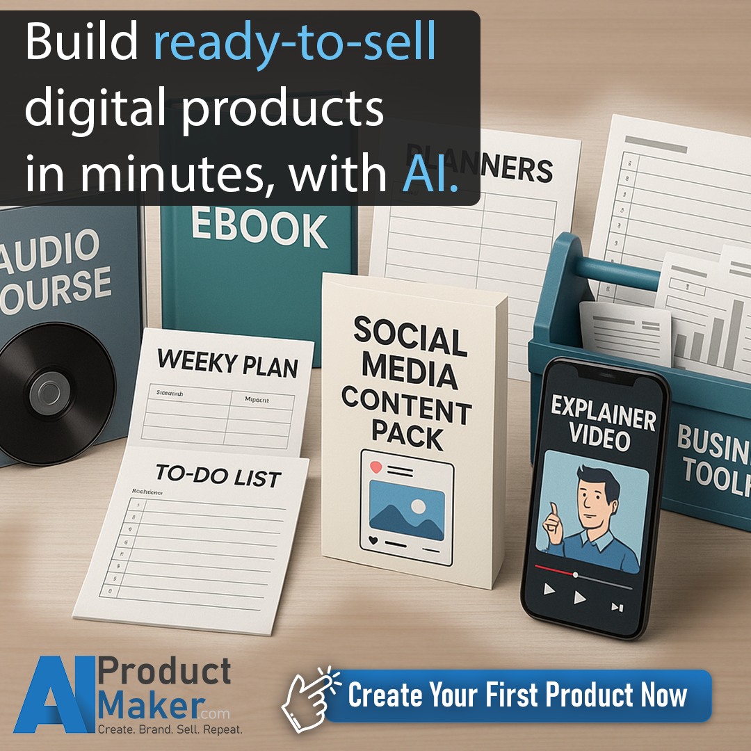 AI Product Maker Facebook ad: AI Product Maker, Build ready-to-sell digital products in…