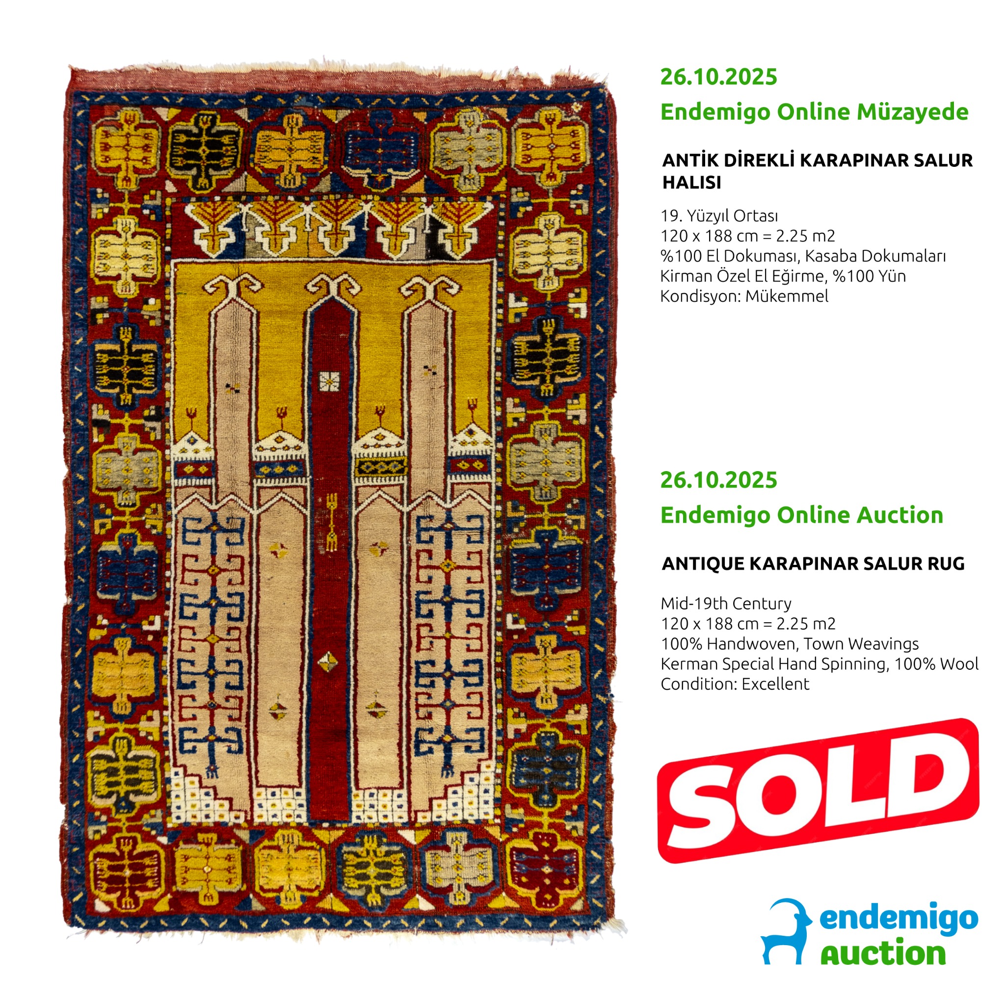 Endemigo Auction Facebook ad: SOLD! Antique Karapinar Salur Rug has found its…