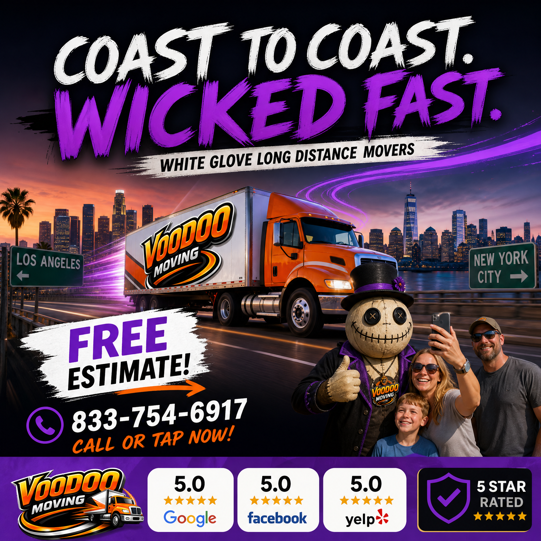 Voodoo Moving: Long Distance Mover Facebook ad: Save THOUSANDS on Your Long Distance Move!