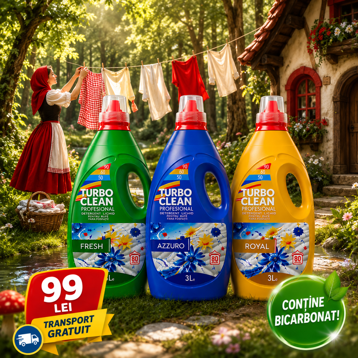 Eclean.ro Facebook ad: 3x Detergent Rufe Turbo Clean Economic 3L Bicarbonat de…