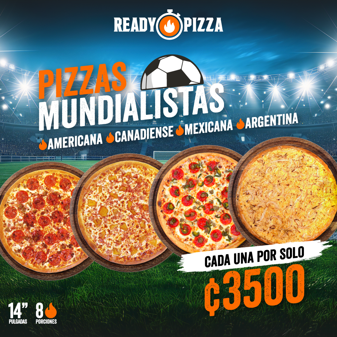 Ready Pizza Costa Rica Facebook ad: Cuatro sabores mundialistas en Ready Pizza