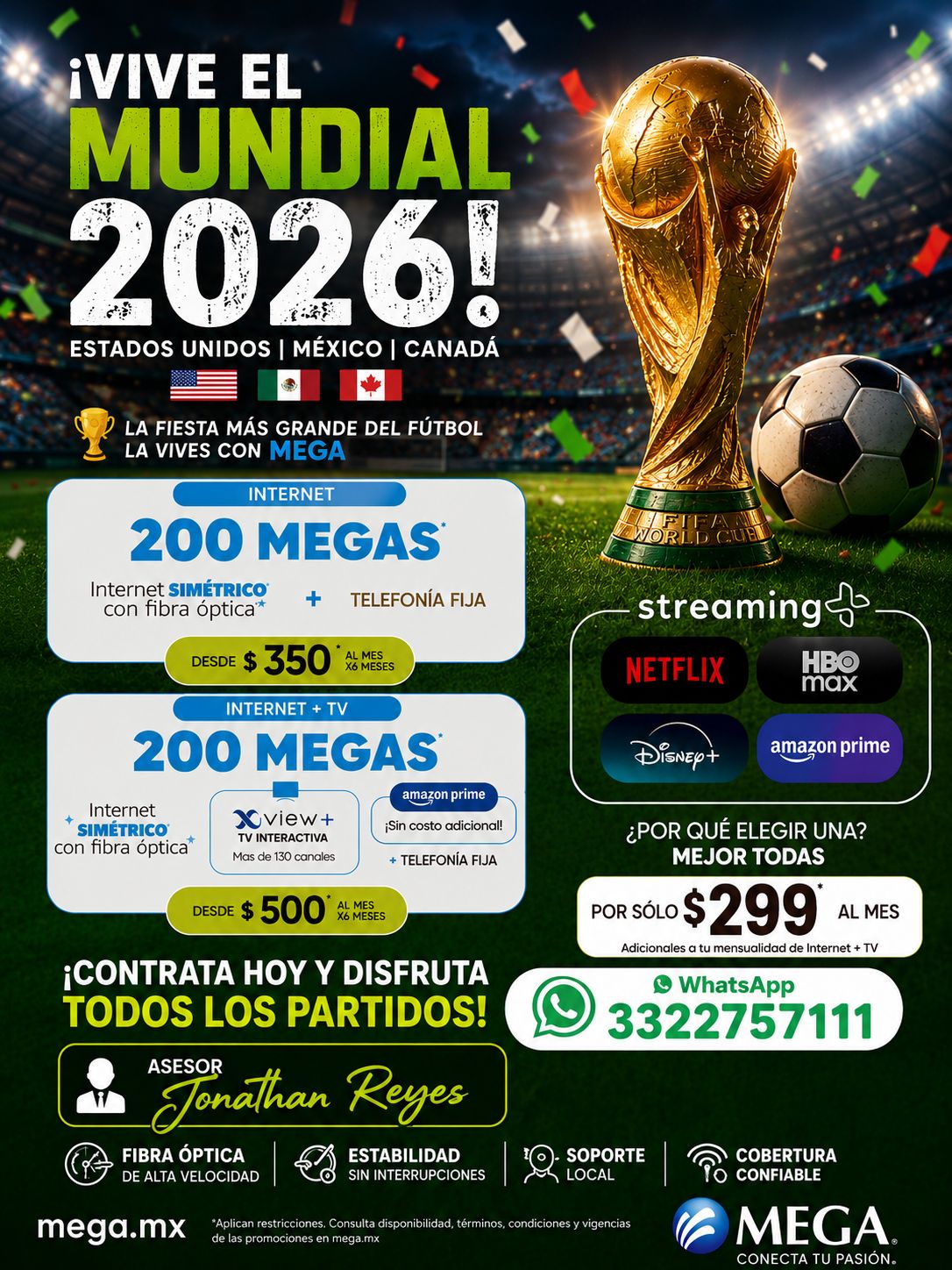 Megacable conectamos tu vida Facebook ad: ¡EL MUNDIAL 2026 SE VIVE MEJOR CON MEGA!