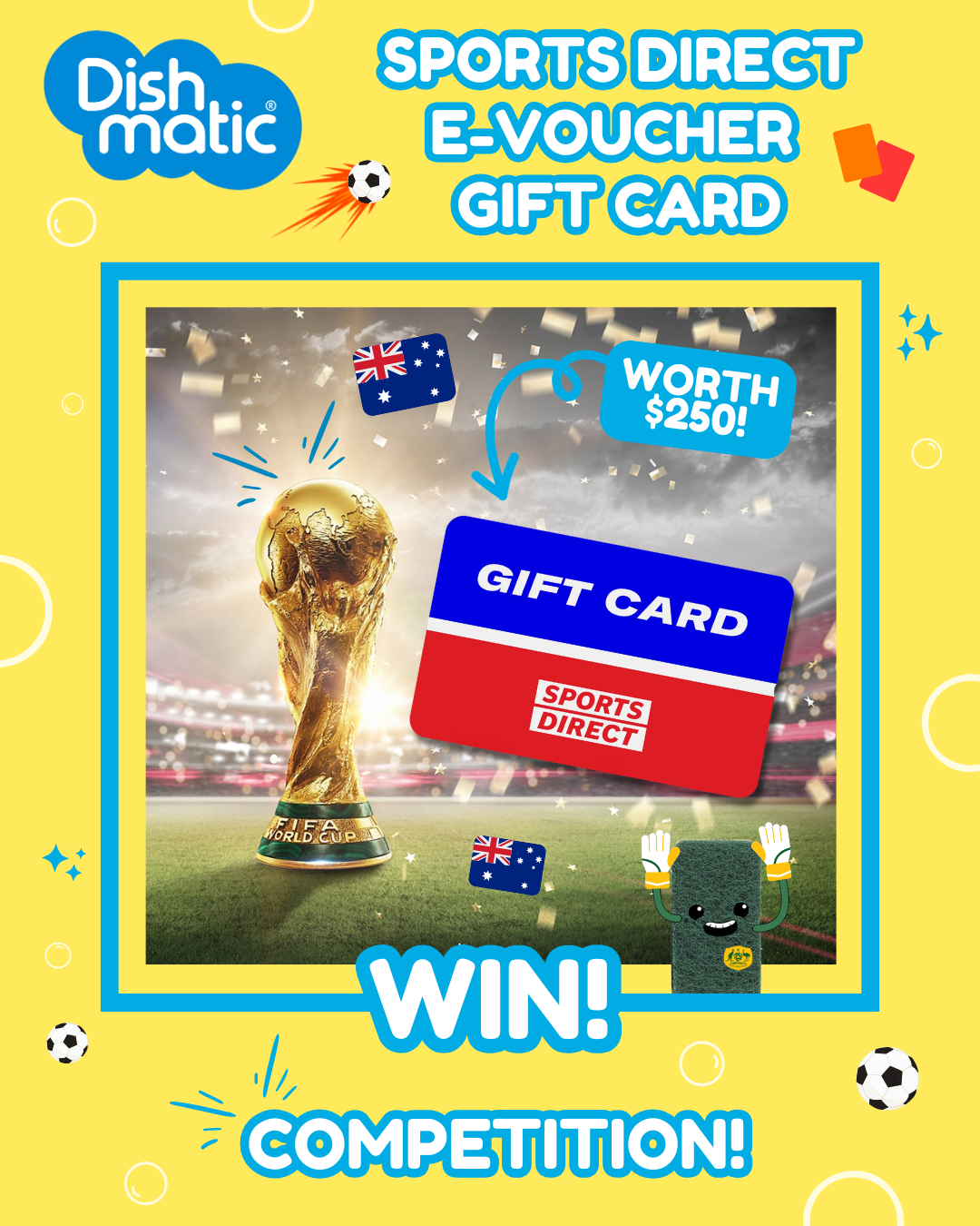 Dishmatic Facebook ad: WIN A SPORTS DIRECT E-VOUCHER GIFT CARD WORTH $250…