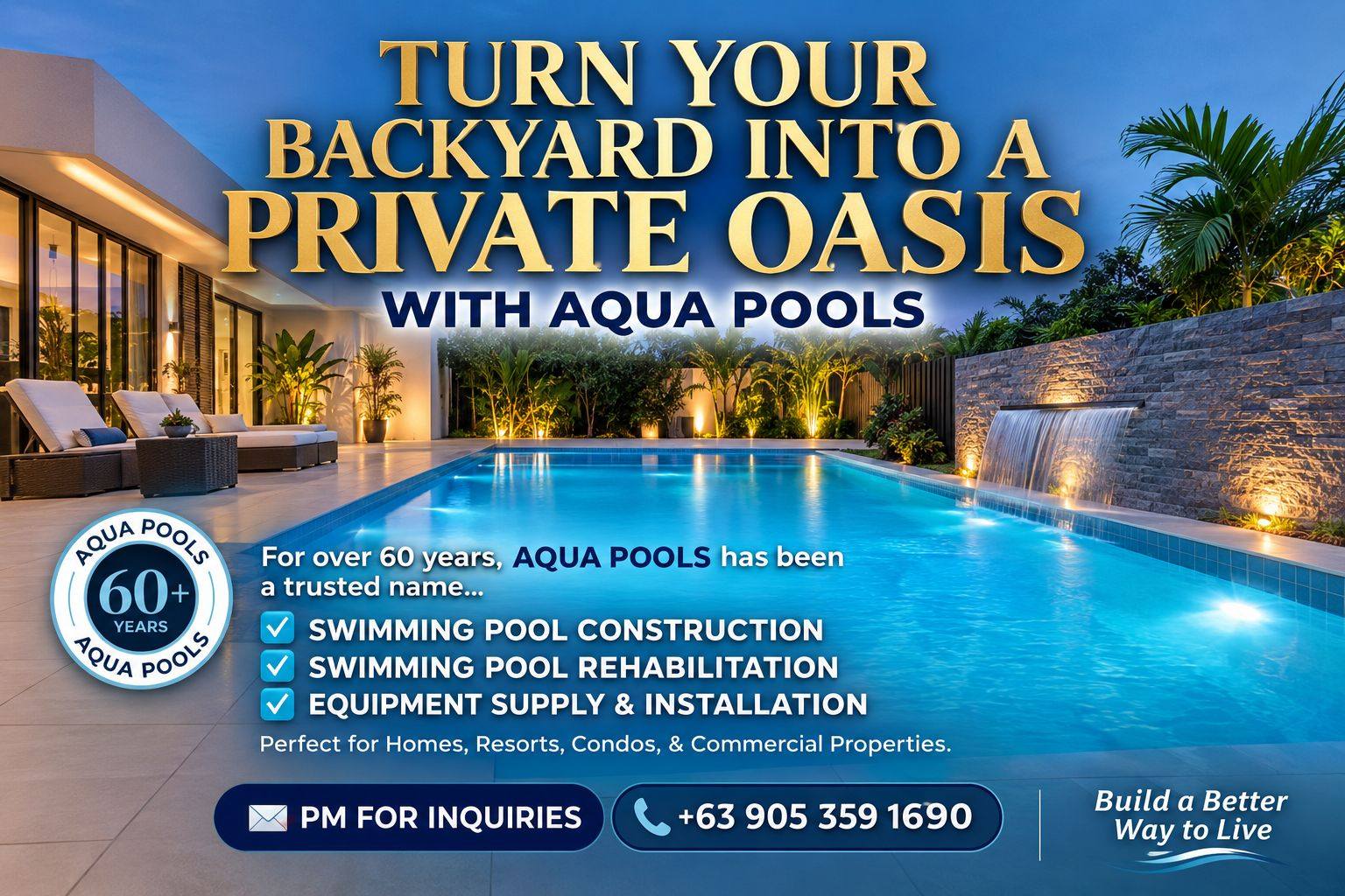 Swimming Pool Contractor by Aqua Pools Facebook ad: Pool construction, rehabilitation & equipment.