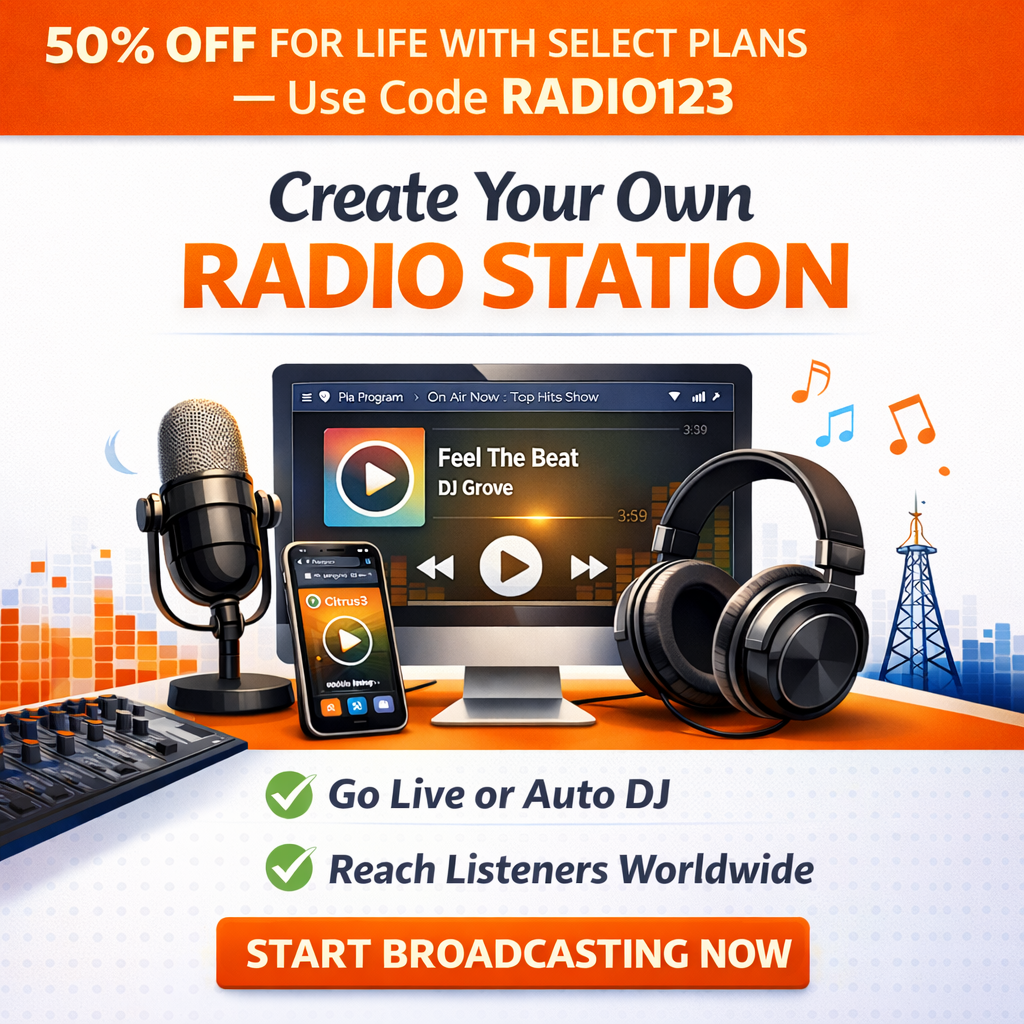 Citrus3.com The Internet Radio Company Facebook ad: Launch Your Radio Station in Minutes!