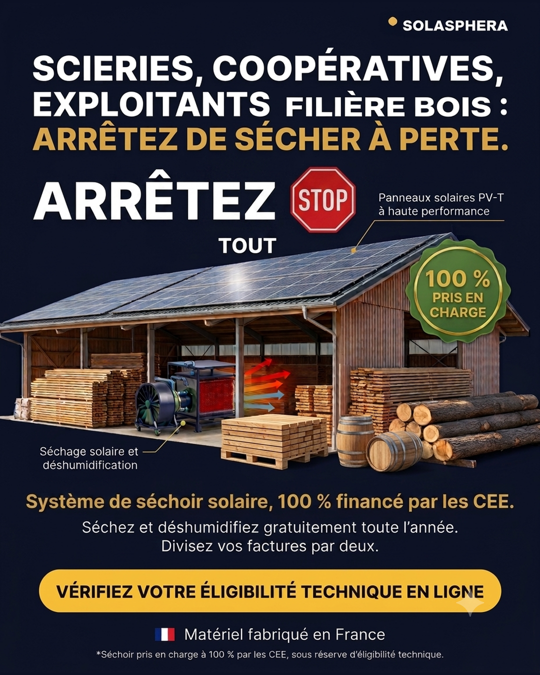 Accompagnement Transition Énergétique Facebook ad: Séchoir solaire 100 % financé par les CEE*