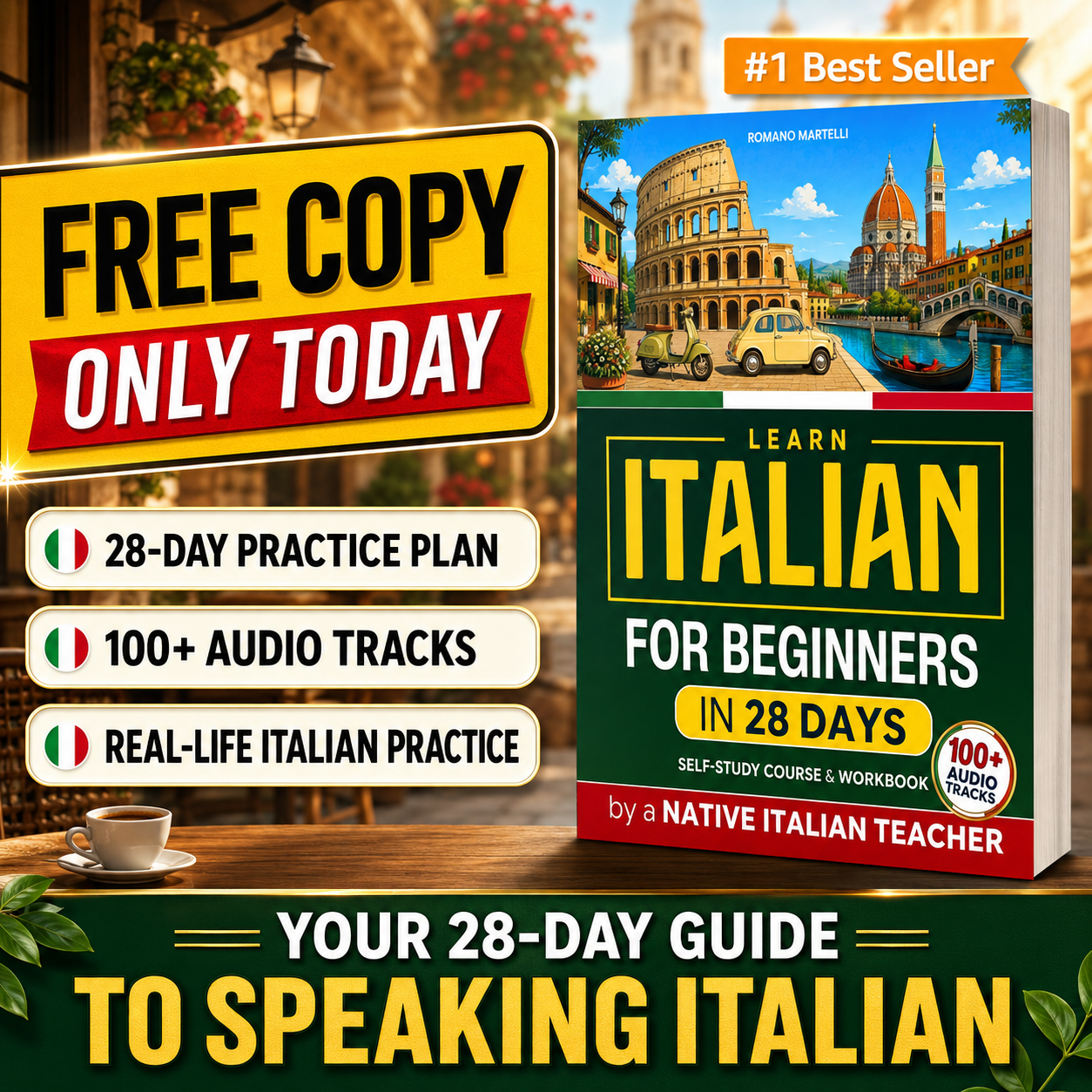 Daily Book Club Facebook ad: Learn Italian in 28 Days, Free for a Limited Time!