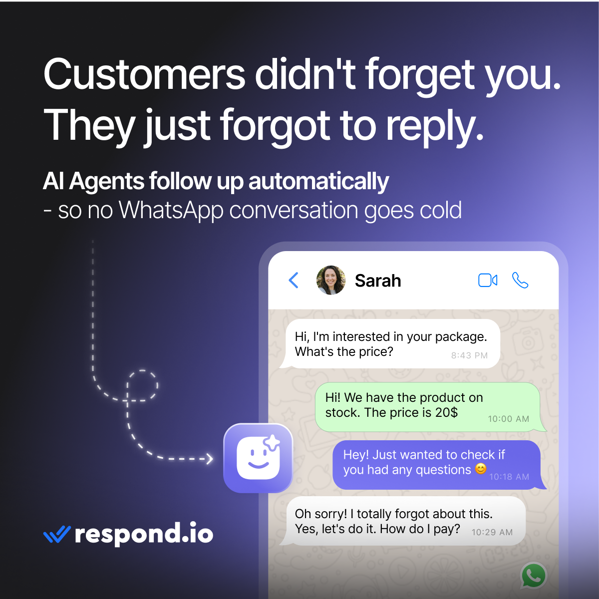 respond.io Facebook ad: Re-engage With Customers Who Stopped Replying, Automatically