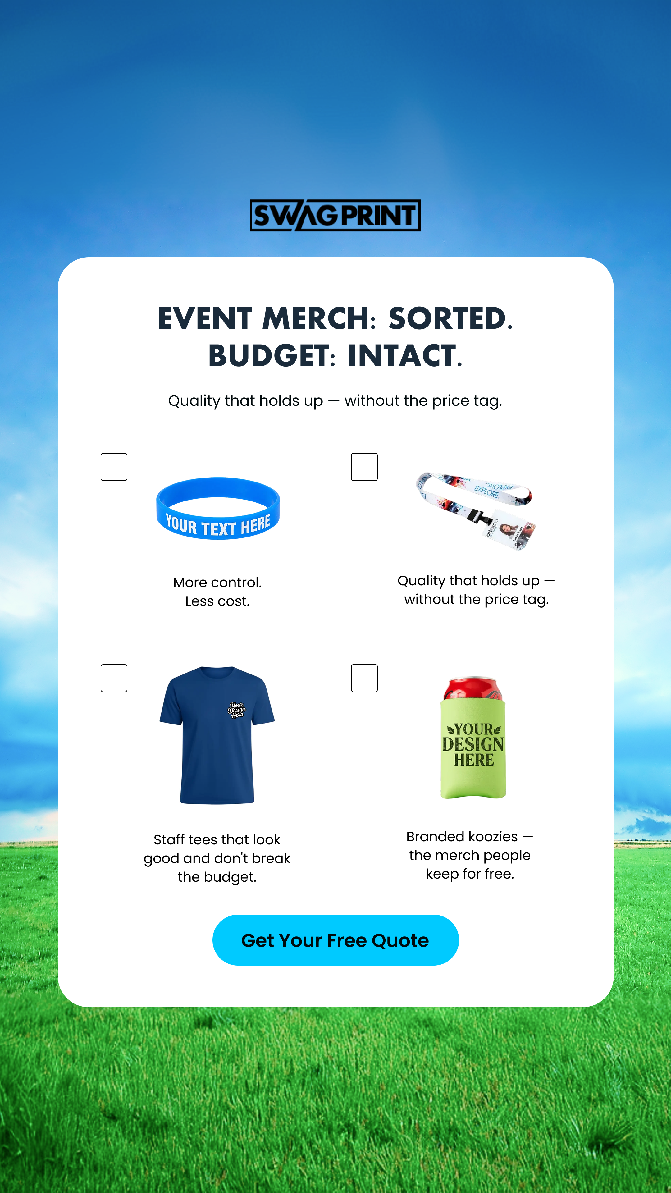 Swag Print Facebook ad: Custom Event Merch. Free Proofs. Fast Shipping.