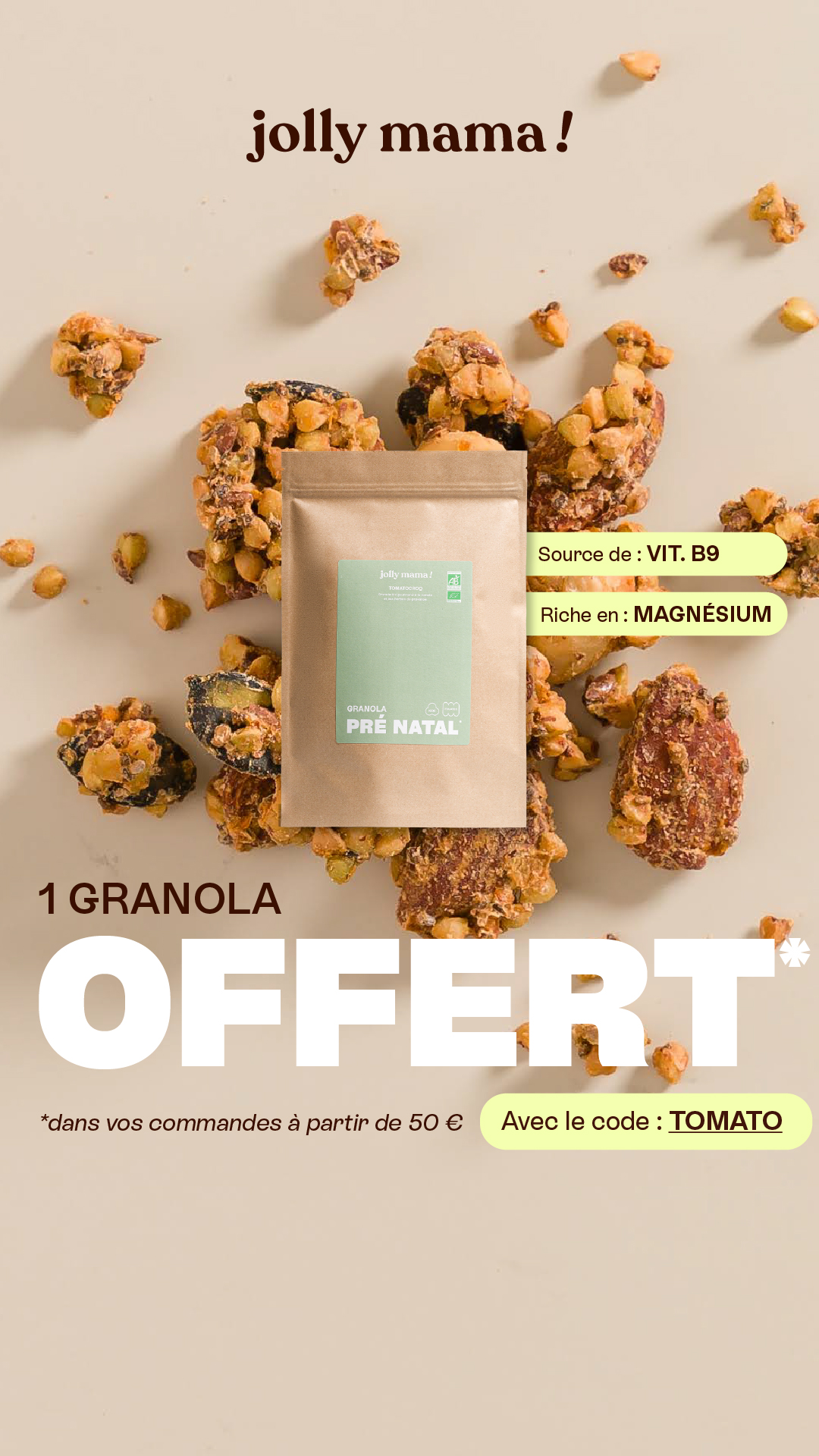 Jolly Mama Facebook ad: Tomato Croq offert dès 50€