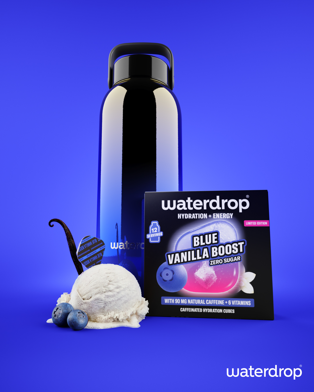Waterdrop Facebook ad: Nouveau: BLUE VANILLA BOOST