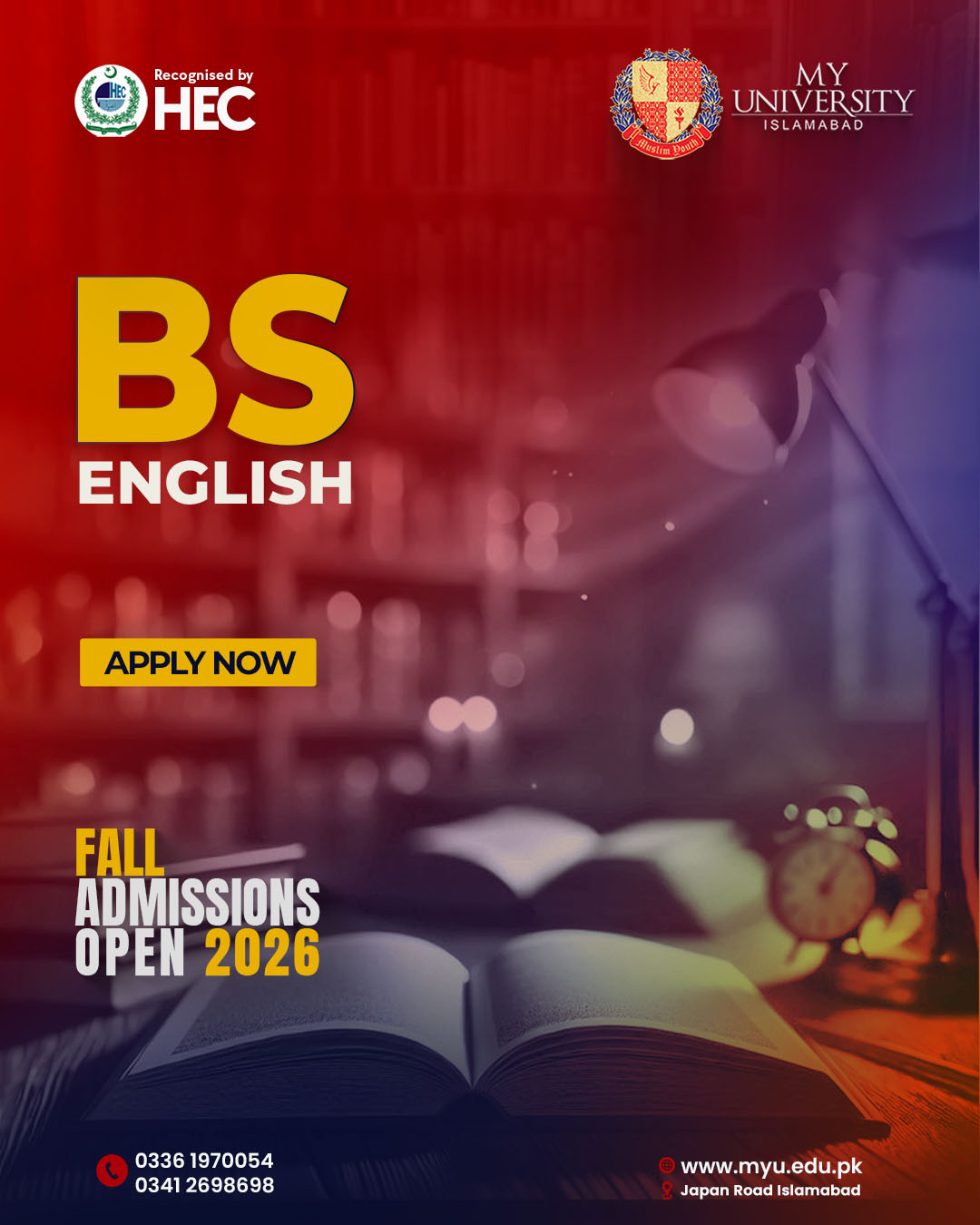 MY University Facebook ad: Admissions Open, BS English Fall 2026