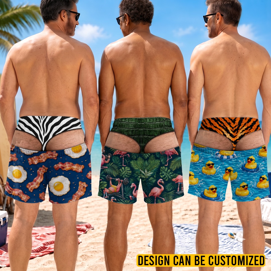 Pawfect House Global Facebook ad: For men, this personalized funny swim trunks celebrate…