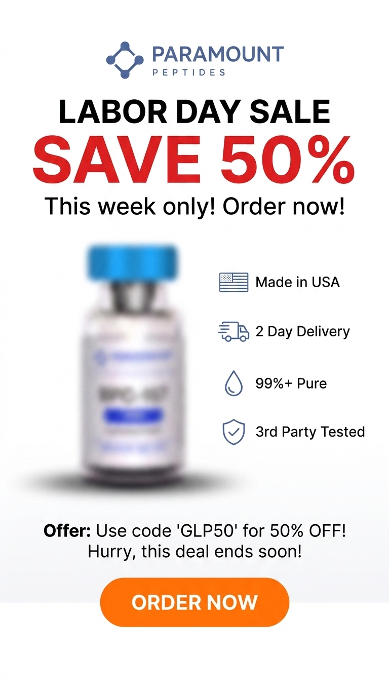 Paramount Peptides Sale Facebook ad: 50% OFF GIP's Labor Day Sale!