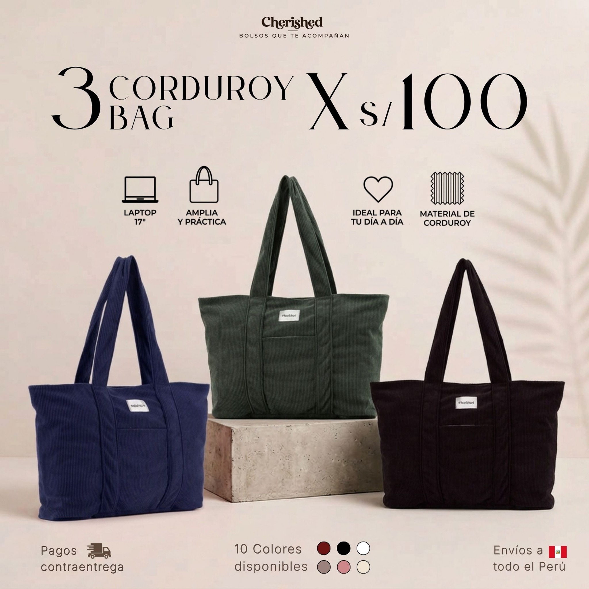 Cherished Perú Facebook ad: Bolsos Corduroy: 3 x S/100