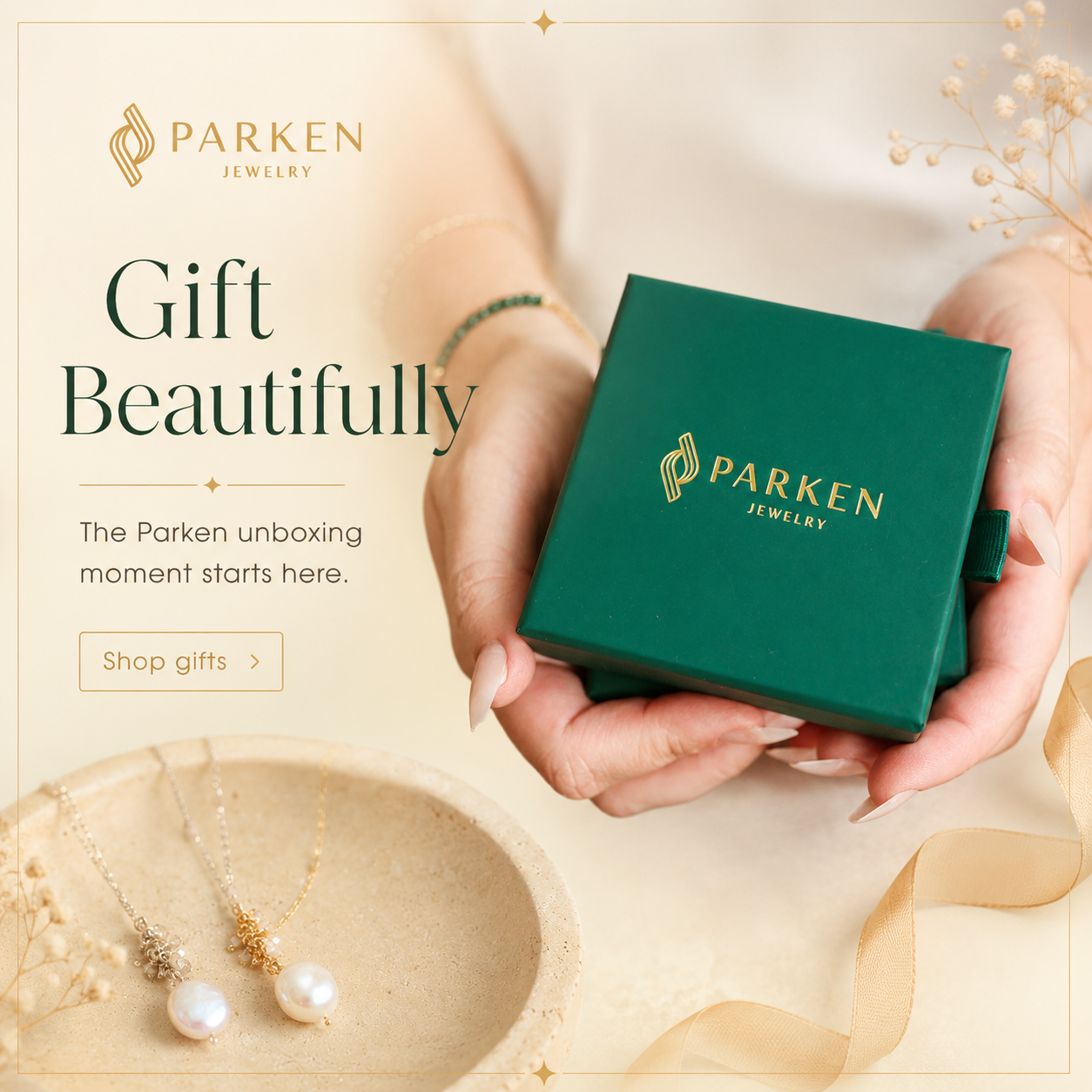 Parken Jewelry Facebook ad: Pearls. Timeless, luminous, made to be worn.