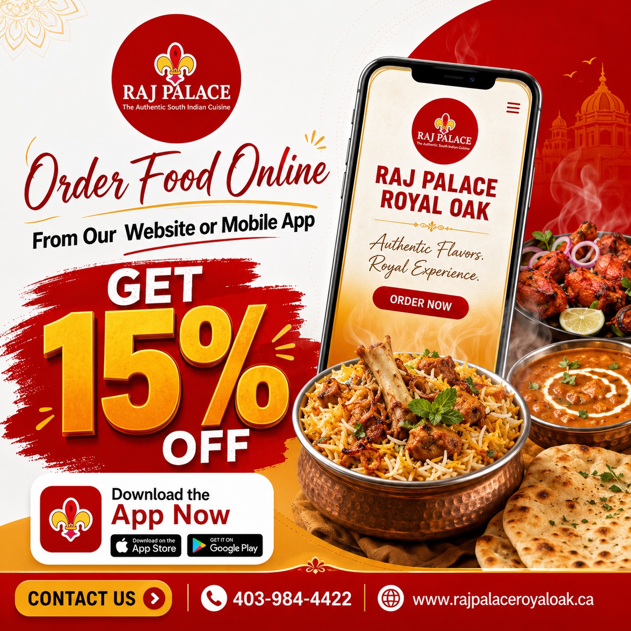 RAJ Palace ROYAL OAK Facebook ad: Get 15% OFF When You Order Online!
