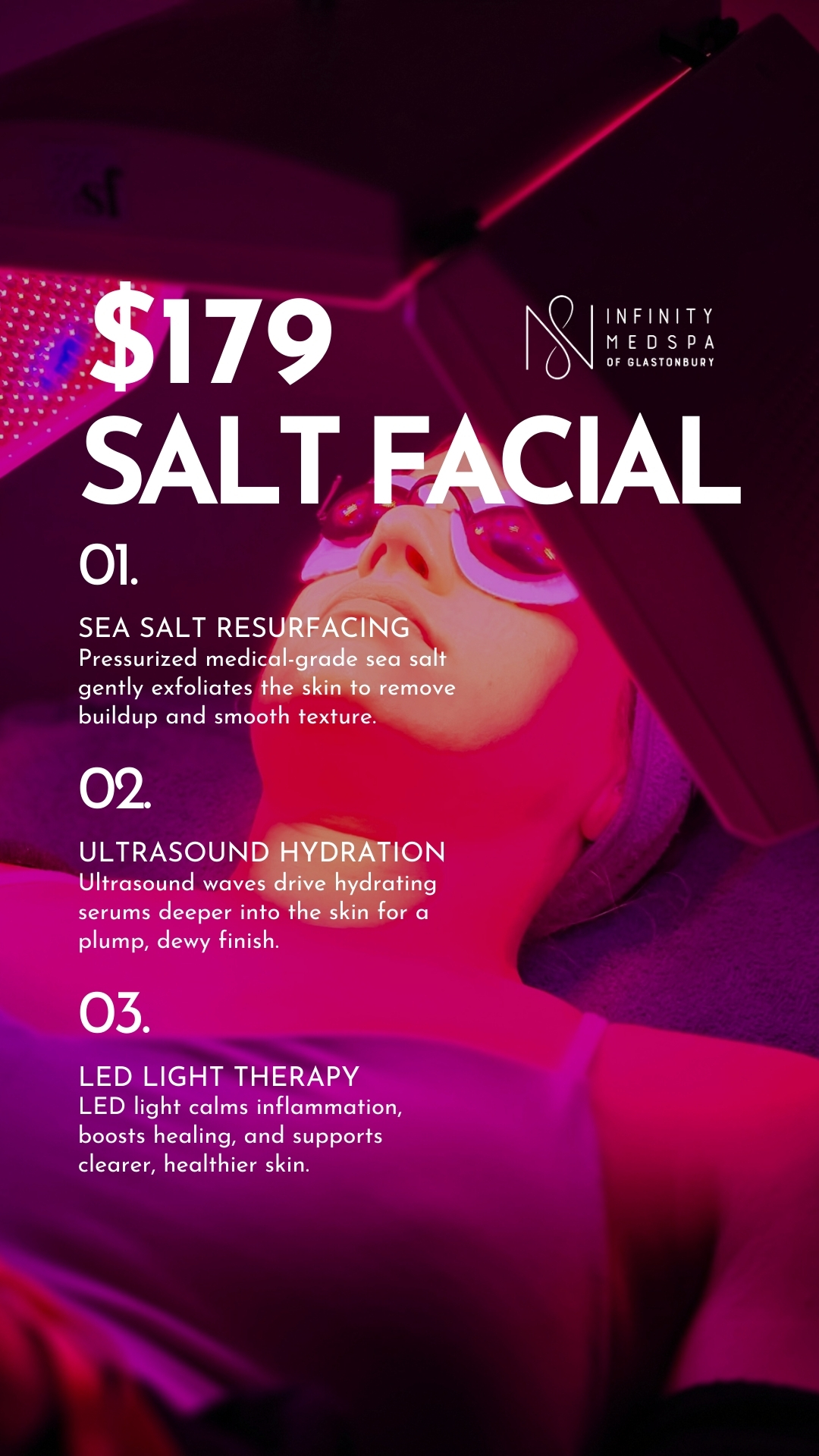 Infinity Medspa of Glastonbury Facebook ad: $179 Salt Facial, First Time Guests
