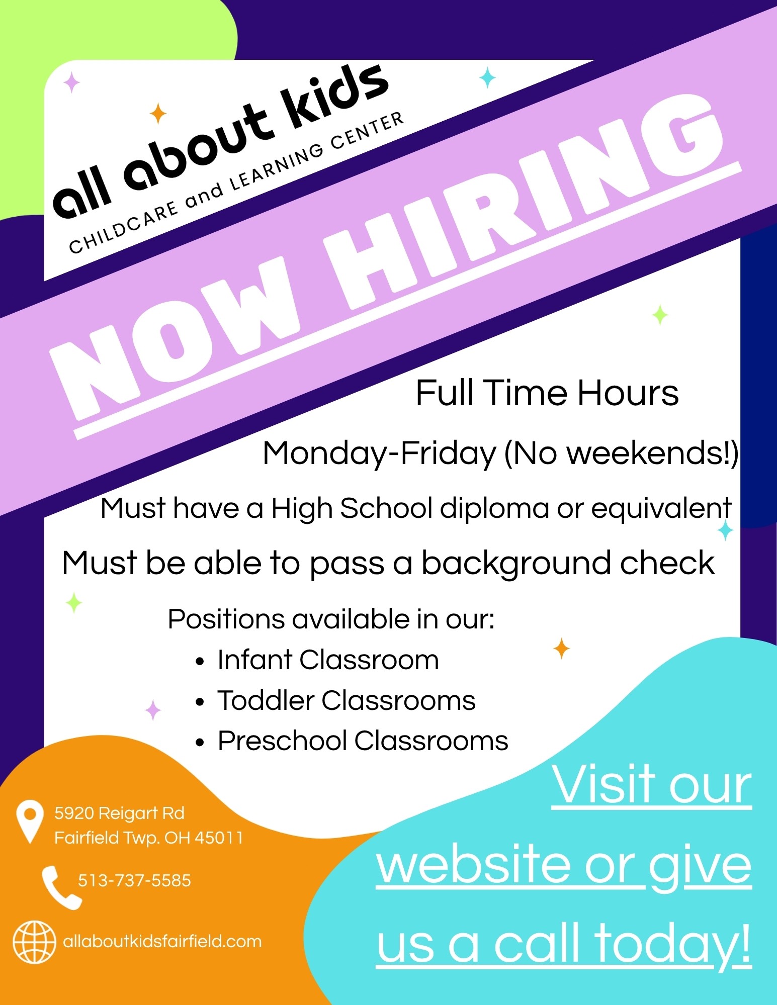All About Kids Fairfield Township Facebook ad: **NOW HIRING**
