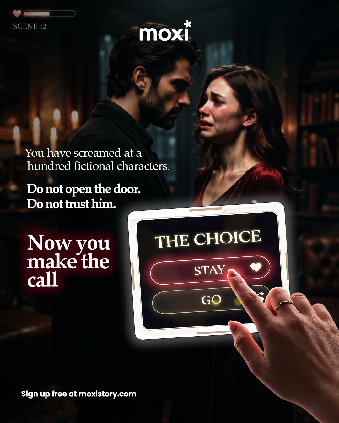 Moxi Story Facebook ad: Your choice. Your story. Free.