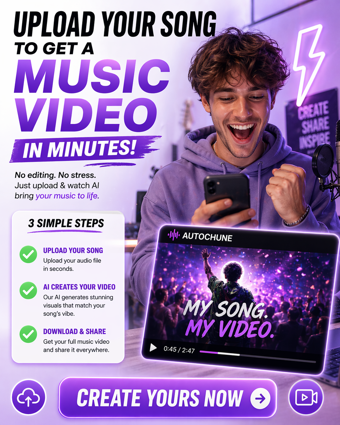 RefinePic Facebook ad: Create Music Videos instantly without editing