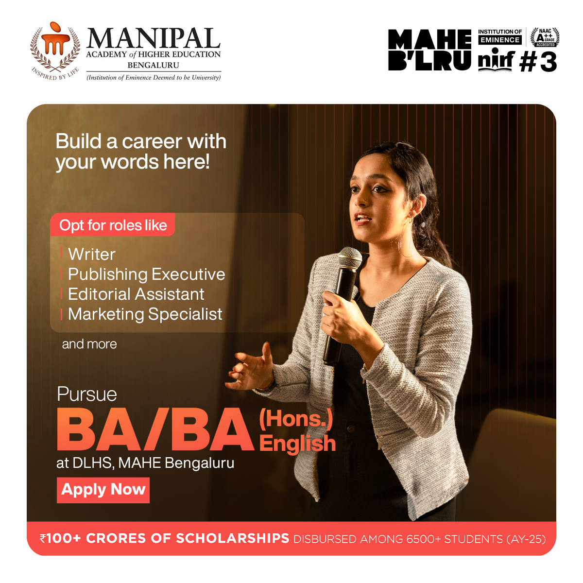 MAHE B'LRU Facebook ad: Admissions Open, BA / BA (Hons.) English