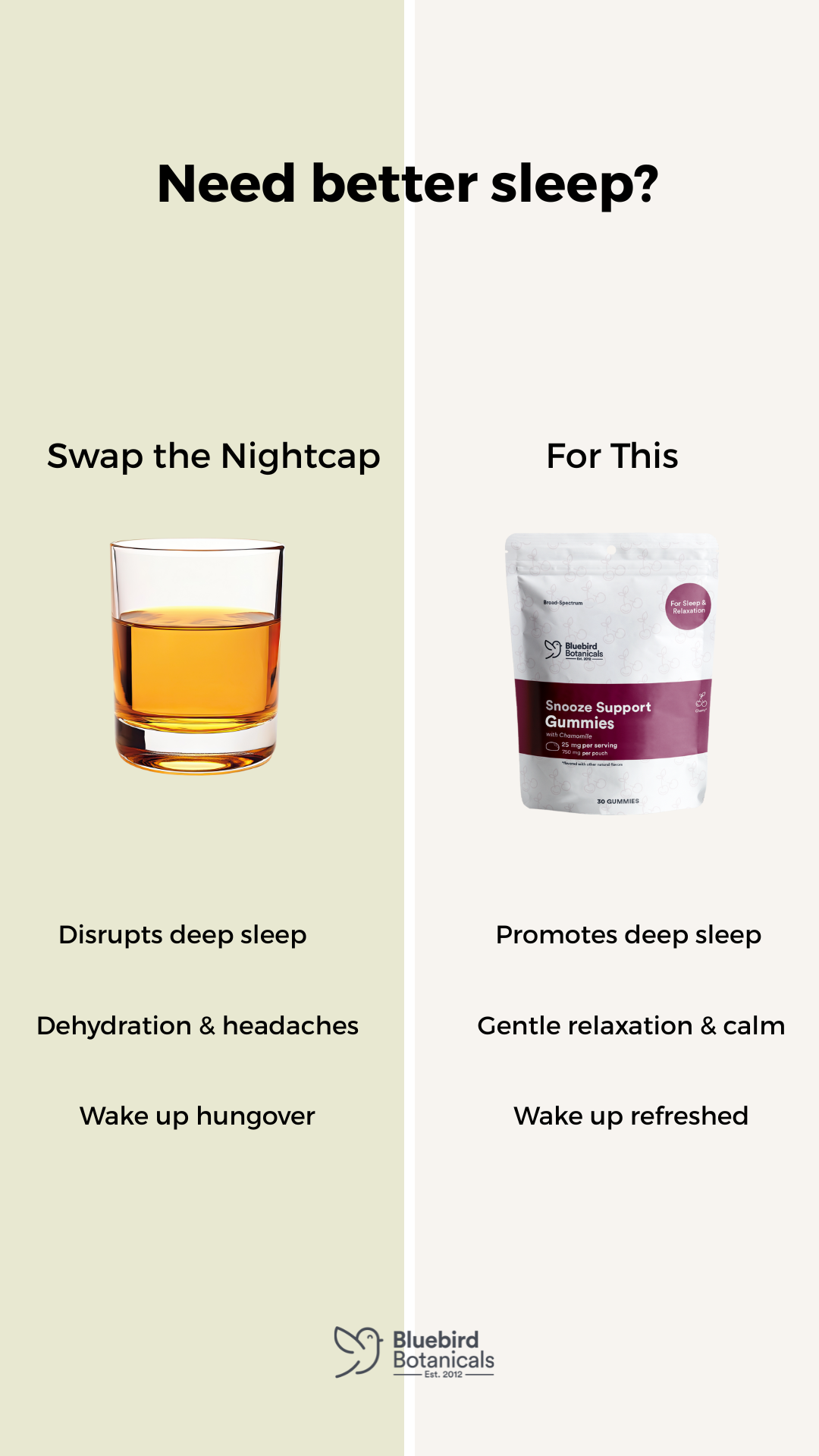 Bluebird Botanicals Co Facebook ad: Try Snooze Support Gummies for 60% Off!