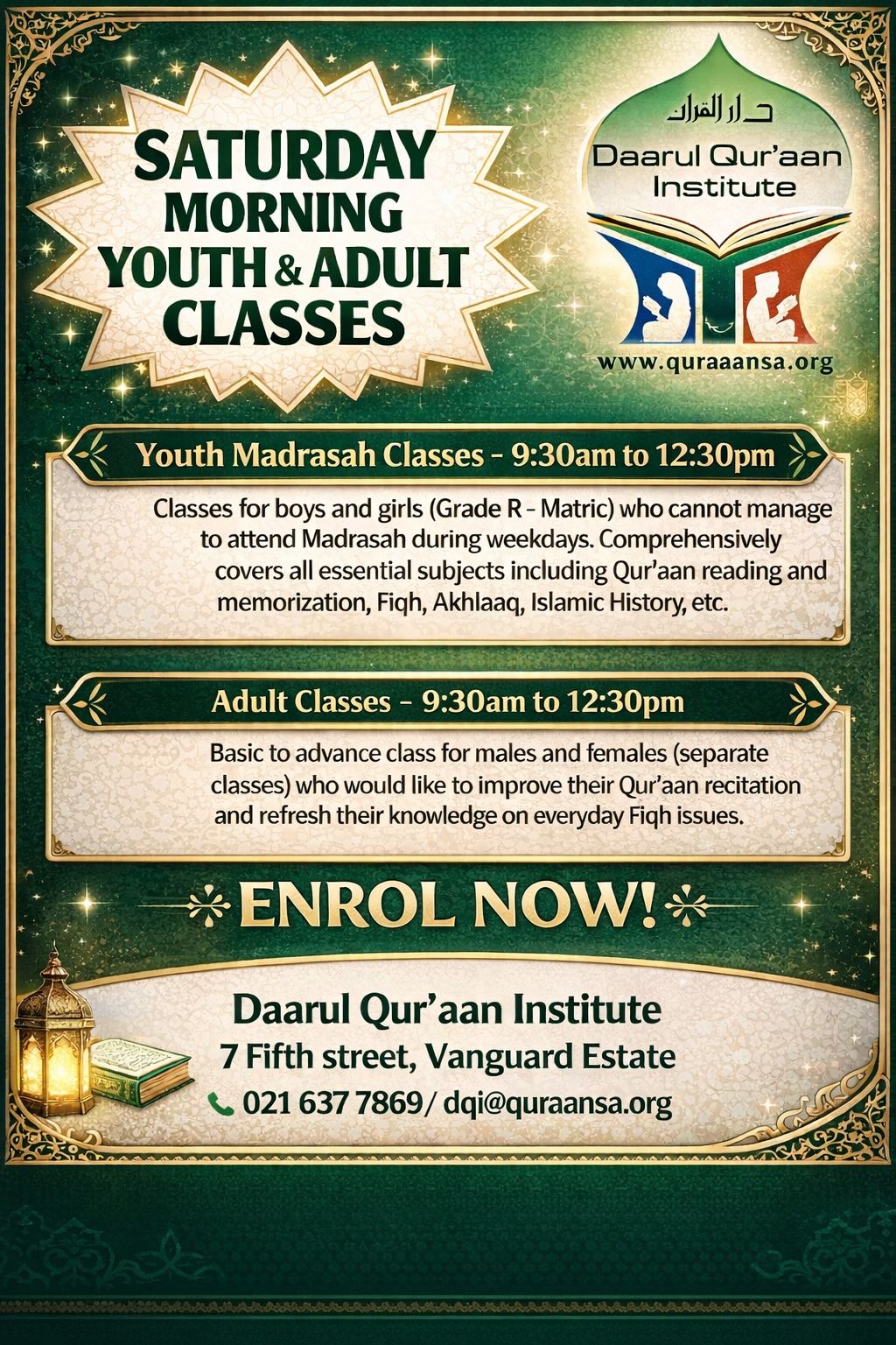 Daarul Qur'aan Institute Facebook ad: Saturday Qur’aan Classes, 9:30am, 12:30pm