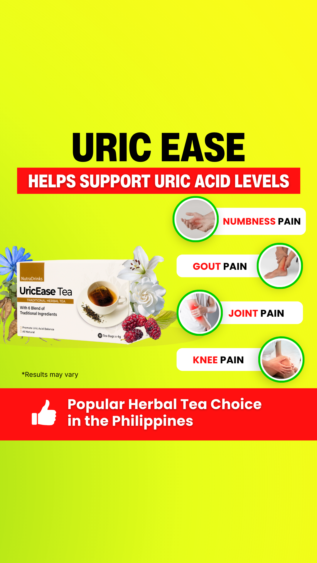 NutraDrinks UricEase PH Facebook ad: LOWER URIC ACID LEVEL WITH JUST 2 CUPS A DAY