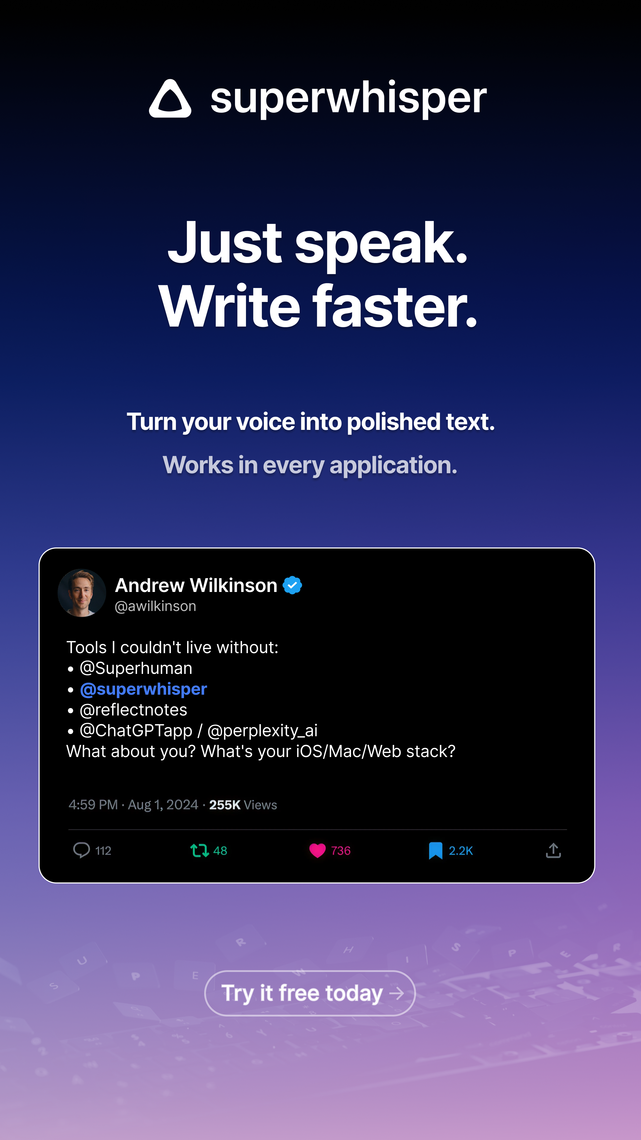 superwhisper Facebook ad from May 12, 2026