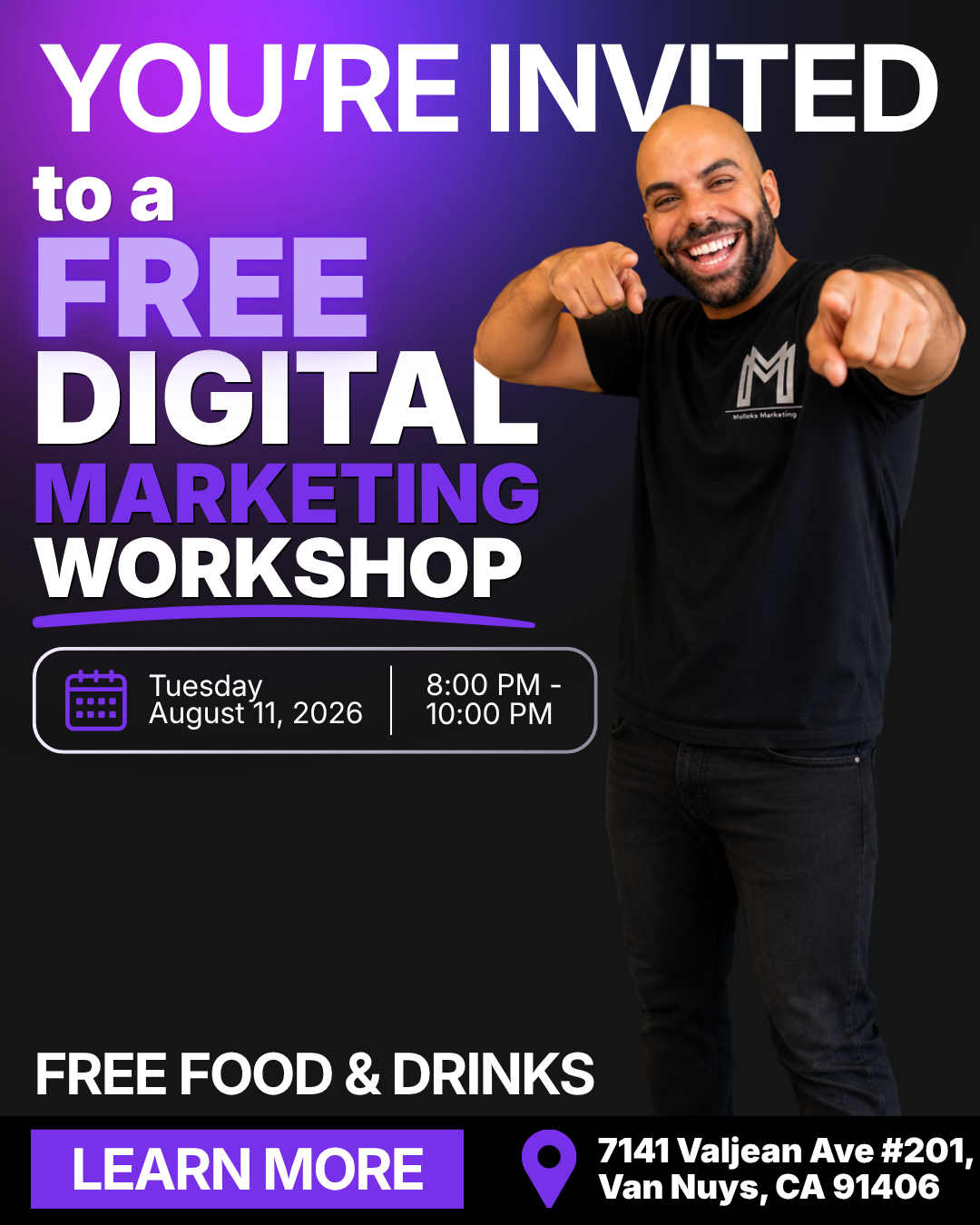 Melleka Marketing Facebook ad: Free Marketing Workshop, Van Nuys, Aug 11