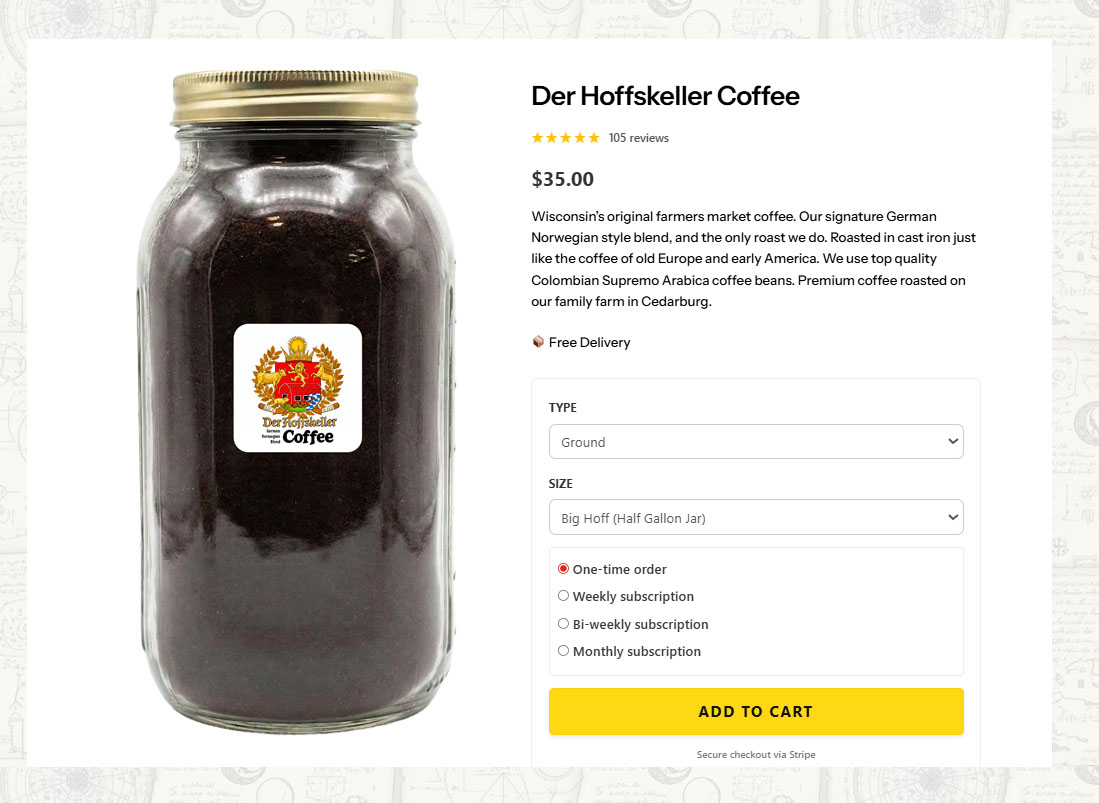 Der Hoffskeller Coffee Facebook ad: Cast iron roasted German Norwegian blend medium dark…