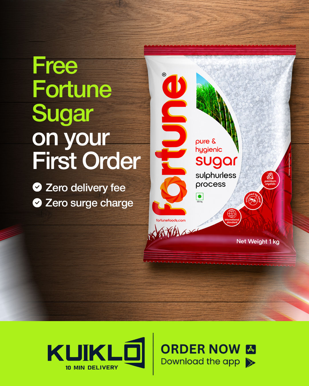 Kuiklo Facebook ad: FREE Fortune Sugar 1kg on your 1st order
