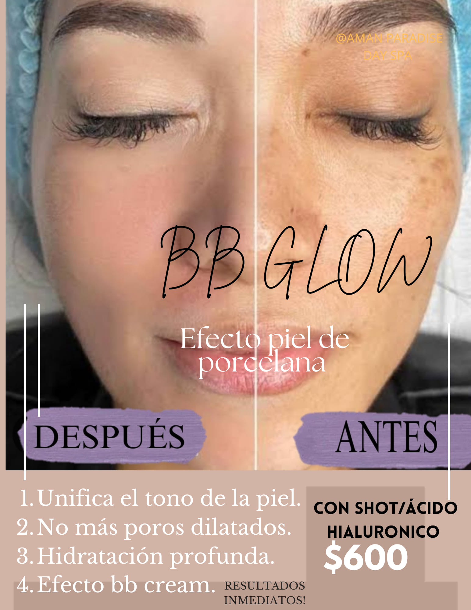 Aman Paradise Day Spa Facebook ad: BB GLOW Piel de Porcelana