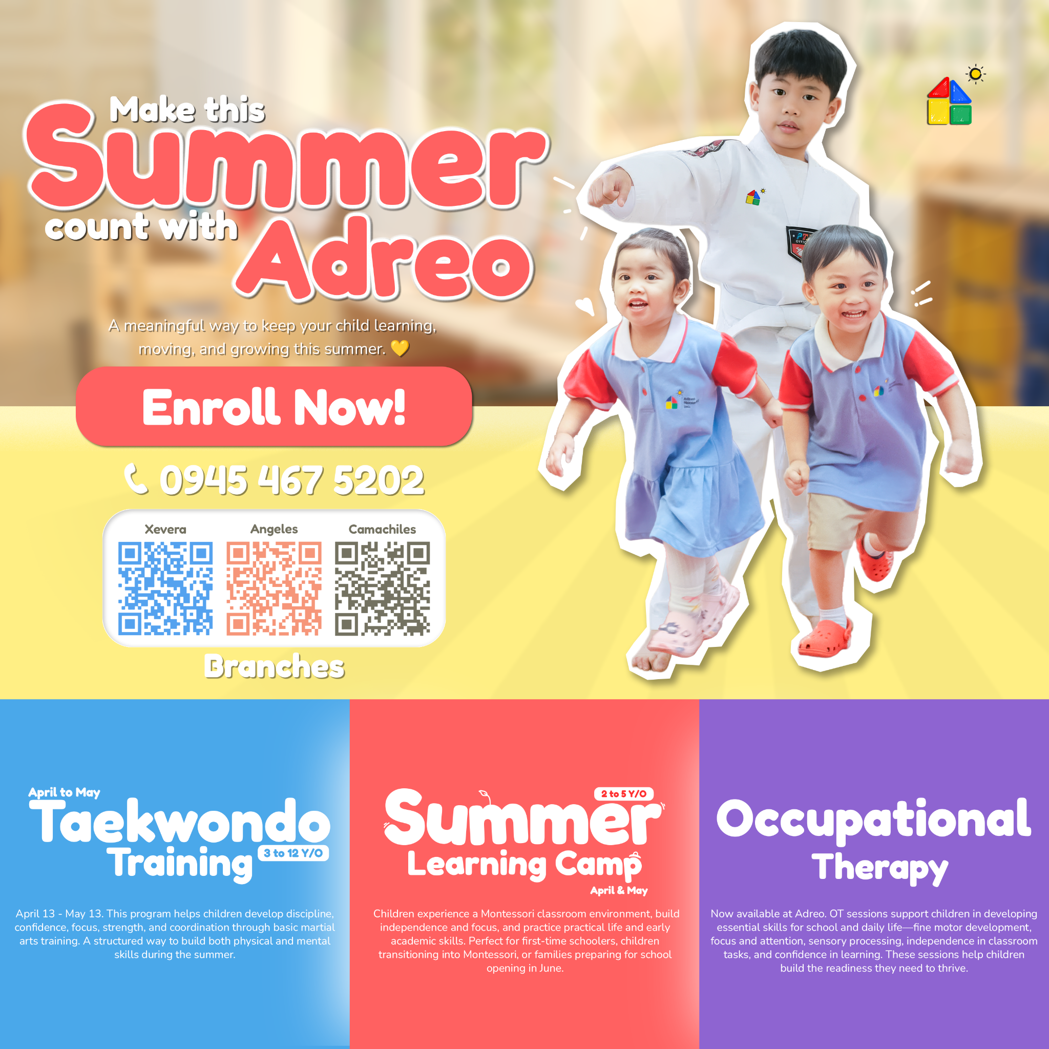 Adreo Montessori Inc. Facebook ad: Three programs running this April-May at Adreo