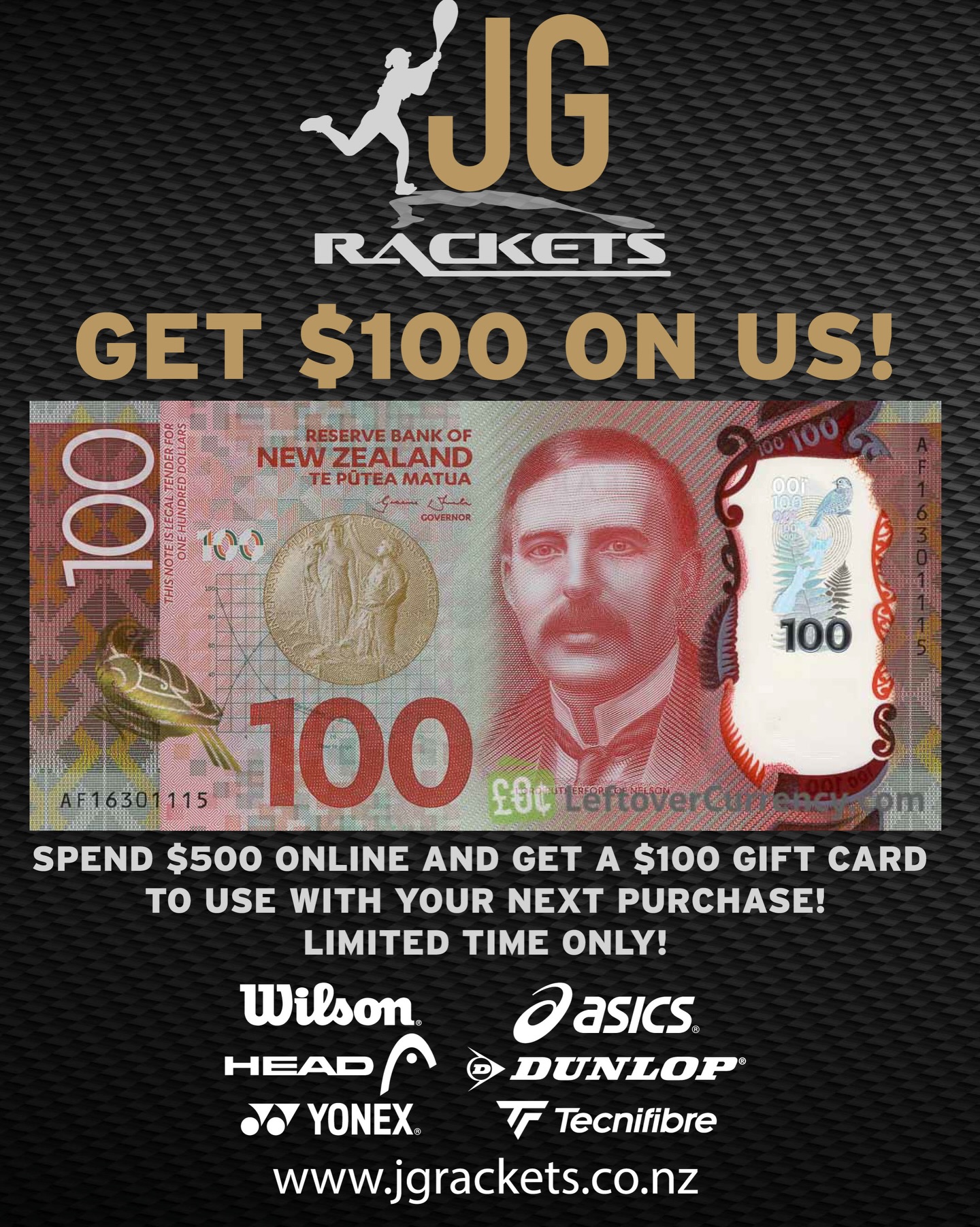 JG Rackets Facebook ad: Get $100 on us is to help offset…
