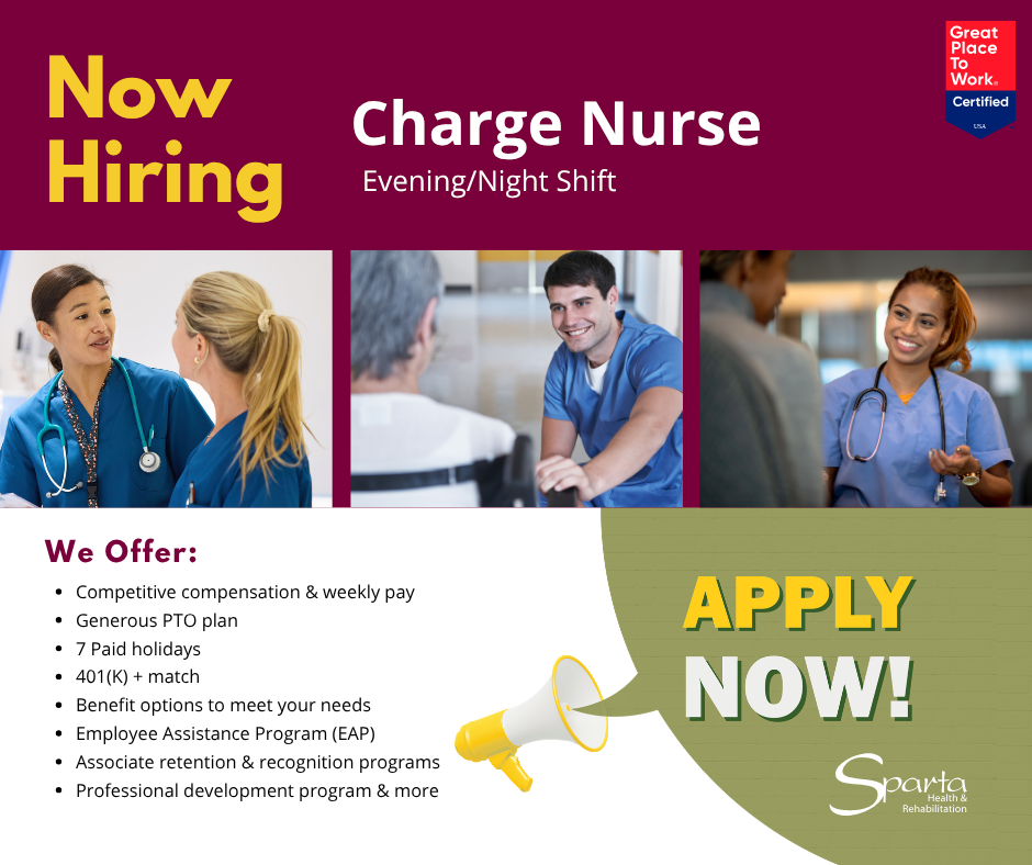 Sparta Health & Rehabilitation Facebook ad: Calling all Night Shift leaders!
