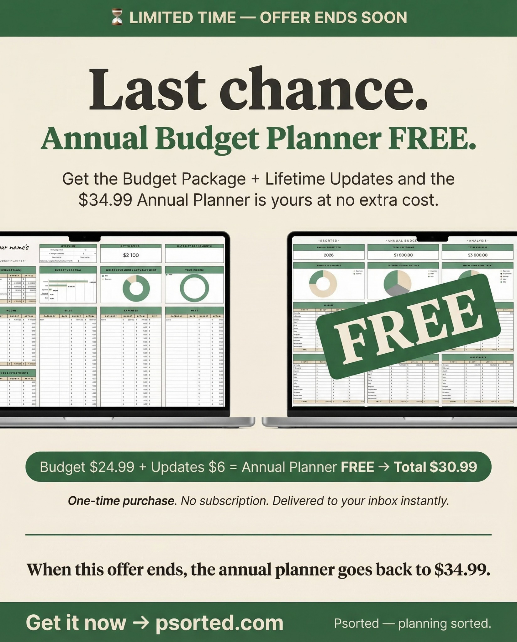 Psorted Facebook ad: Last Chance: Free Planner