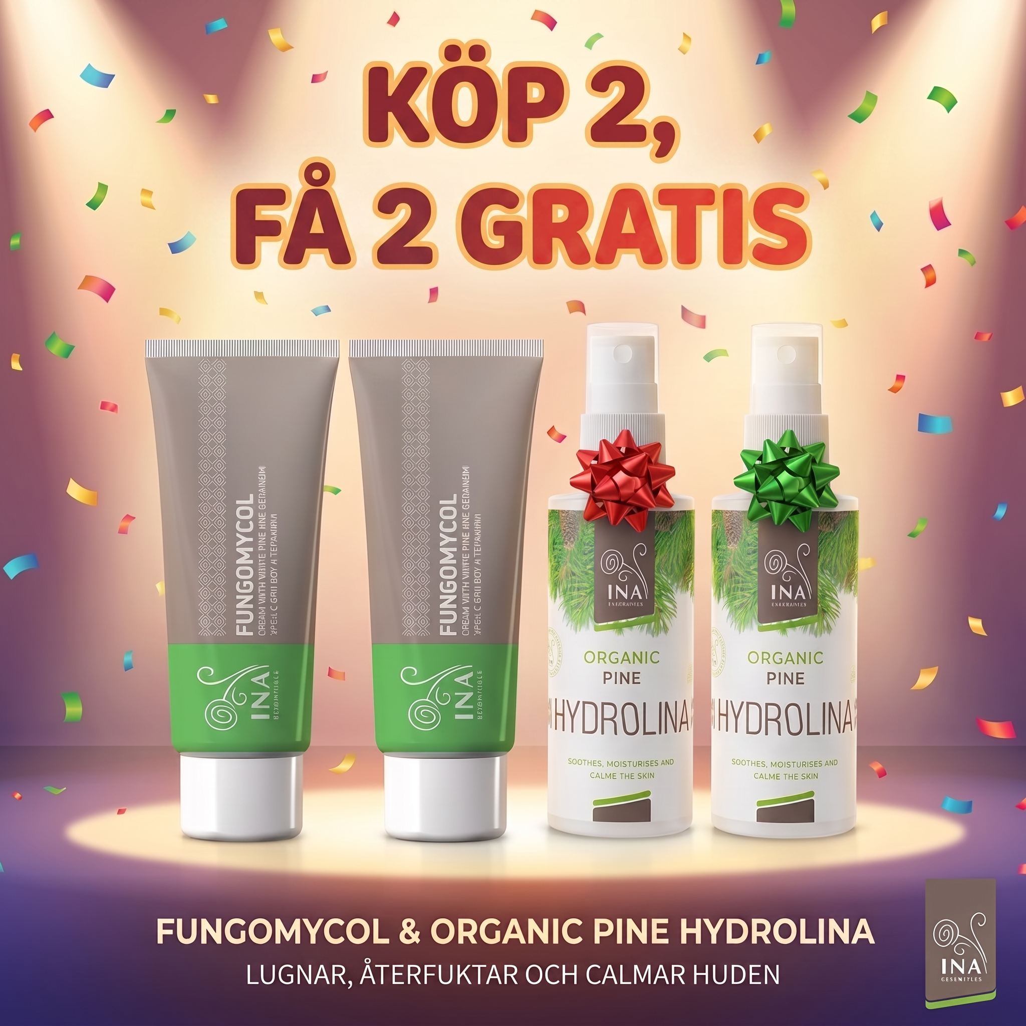 InaEssentials - Webbutik för 100% ekologisk BIO-kosmetika Facebook ad: Köp 2 Fungomycol, få 2 Hydrolina på köpet
